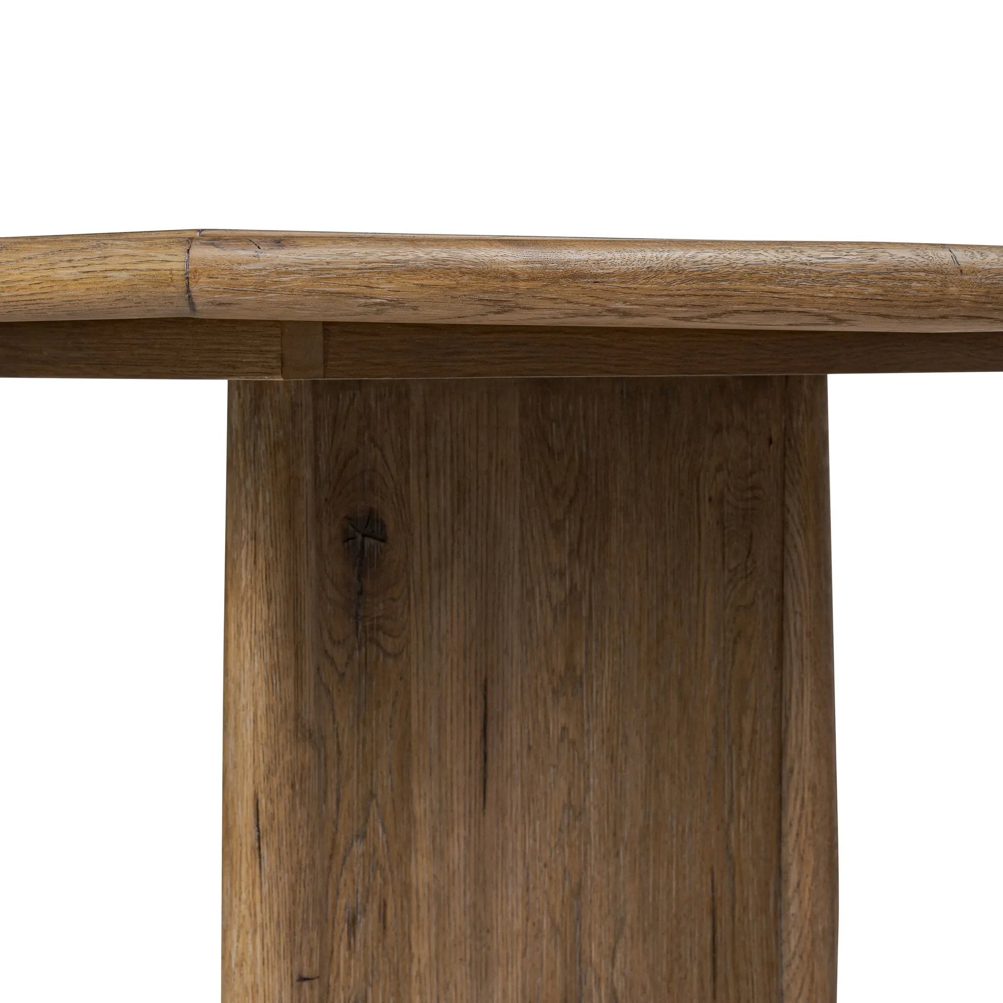 Made from weathered oak, simple lines and a light, rustic finish play up the natural beauty of this double pedestal dining table Amethyst Home provides interior design, new home construction design consulting, vintage area rugs, and lighting in the Calabasas metro area.