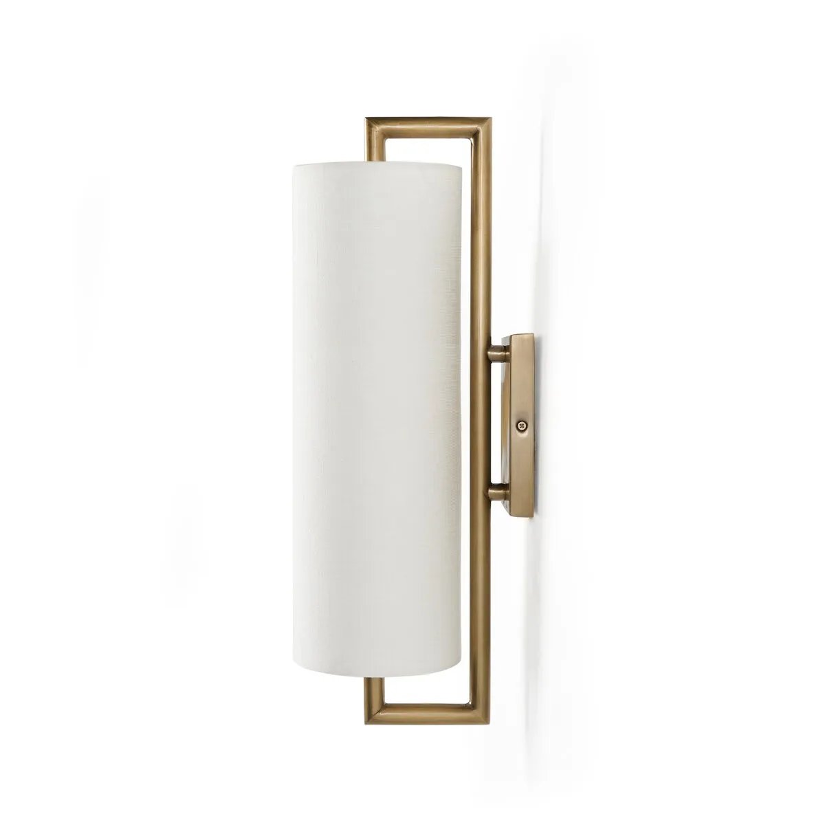 Featuring Gordon Aged Brass Iron Sconces Sconce by Four Hands at Amethyst Home. Featuring a single, elongated linen shade, this sconce gracefully diffuses light and is mounted on a streamlined aged brass frame for a sleek, contemporary look.
Overall Dimensions: 7.75" L x 6.0" W x 21.0" H
Collection: CamdenColors: Aged Brass Iron, Black CordMaterials: Ir. Amethyst Home provides interior design, new home construction design consulting, vintage area rugs, and lighting in the Newport Beach metro area.