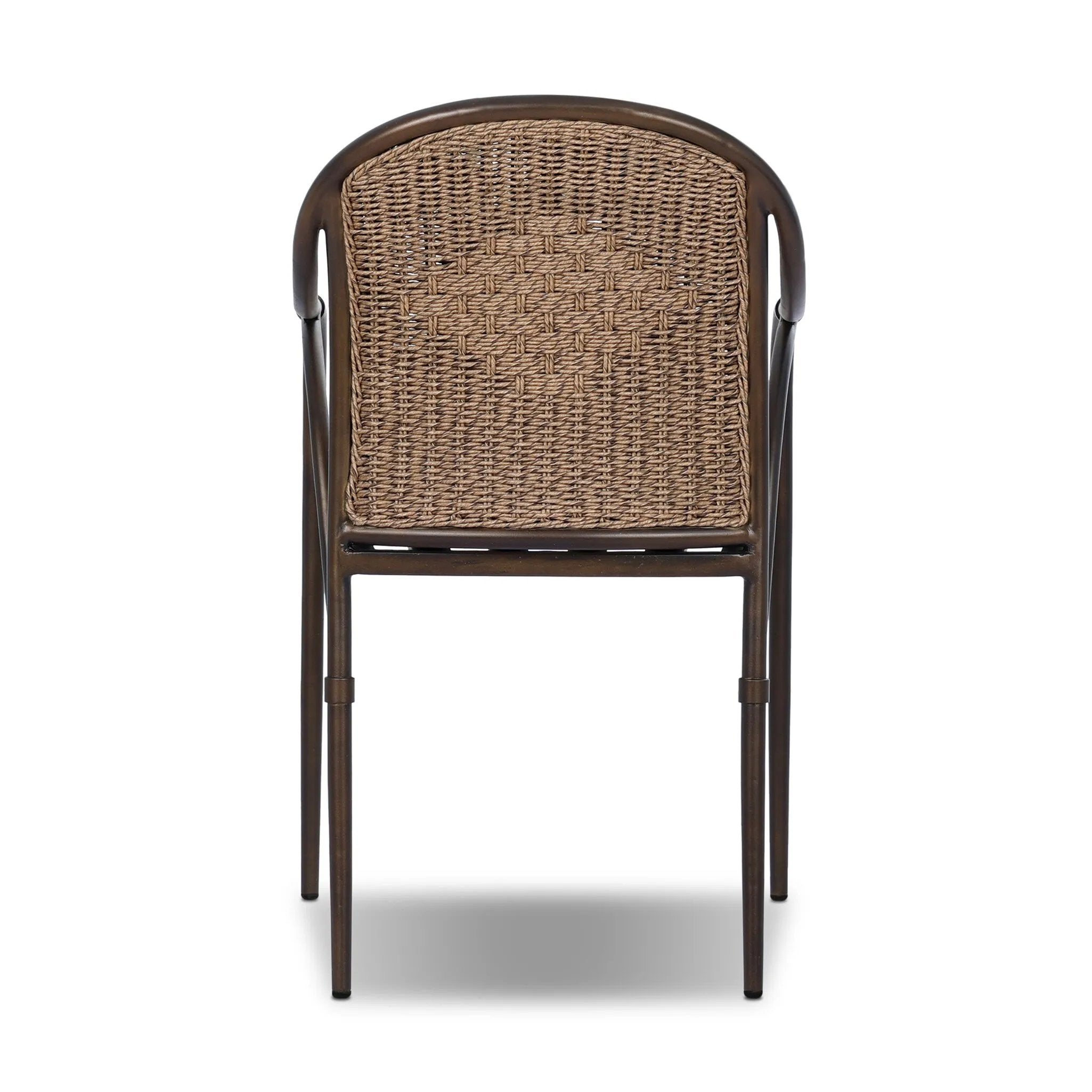 This outdoor dining chair takes inspiration from classic French bistro-style chairs, featuring a distinctive metal collar detail on the arms. The woven seatback comes together in a diamond pattern, finished with a cream-colored seat cushion. Cover or store inside during inclement weather and when not in use. Amethyst Home provides interior design, new home construction design consulting, vintage area rugs, and lighting in the Boston metro area.