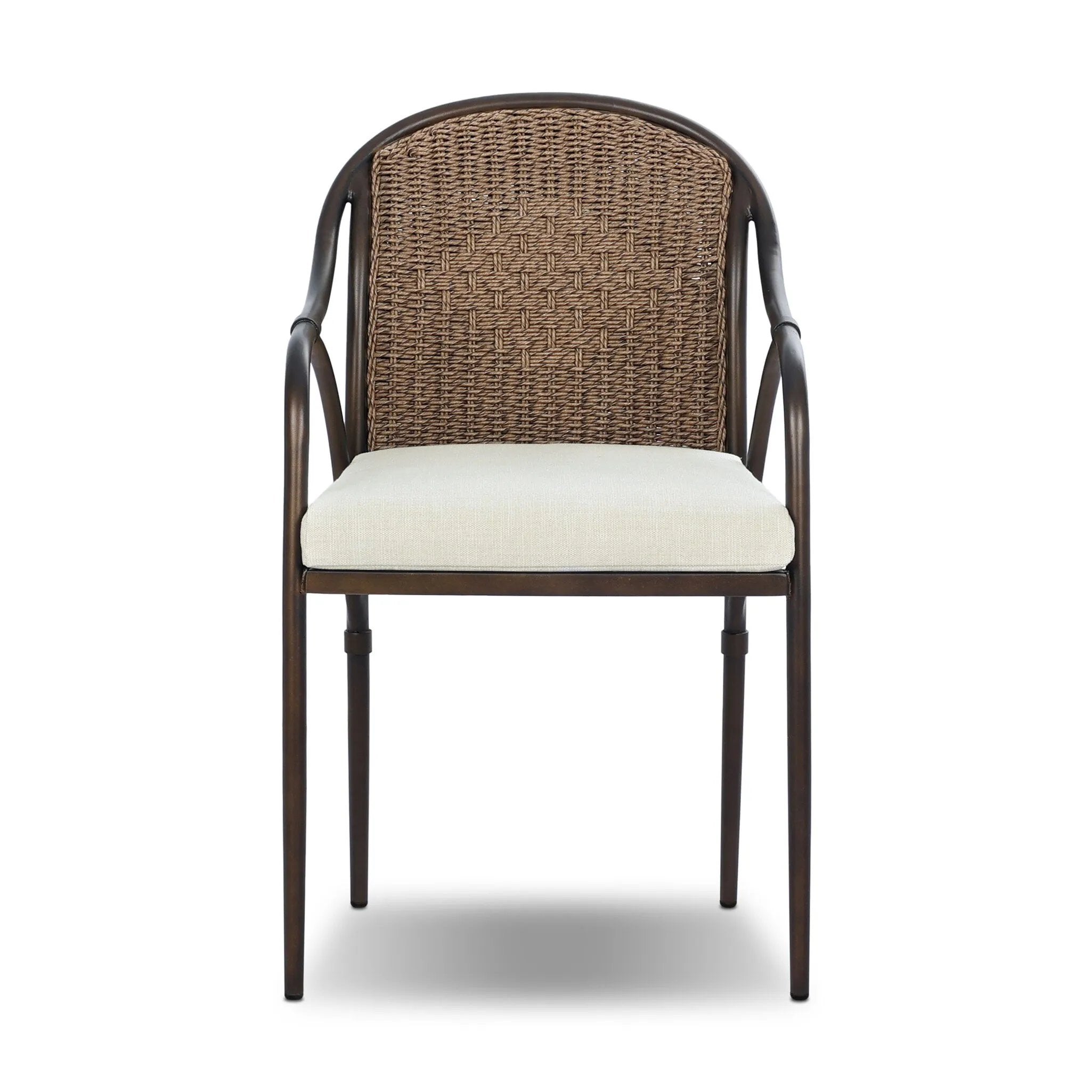This outdoor dining chair takes inspiration from classic French bistro-style chairs, featuring a distinctive metal collar detail on the arms. The woven seatback comes together in a diamond pattern, finished with a cream-colored seat cushion. Cover or store inside during inclement weather and when not in use. Amethyst Home provides interior design, new home construction design consulting, vintage area rugs, and lighting in the Kansas City metro area.