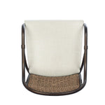 This outdoor dining chair takes inspiration from classic French bistro-style chairs, featuring a distinctive metal collar detail on the arms. The woven seatback comes together in a diamond pattern, finished with a cream-colored seat cushion. Cover or store inside during inclement weather and when not in use. Amethyst Home provides interior design, new home construction design consulting, vintage area rugs, and lighting in the Salt Lake City metro area.