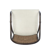 This outdoor dining chair takes inspiration from classic French bistro-style chairs, featuring a distinctive metal collar detail on the arms. The woven seatback comes together in a diamond pattern, finished with a cream-colored seat cushion. Cover or store inside during inclement weather and when not in use. Amethyst Home provides interior design, new home construction design consulting, vintage area rugs, and lighting in the Salt Lake City metro area.