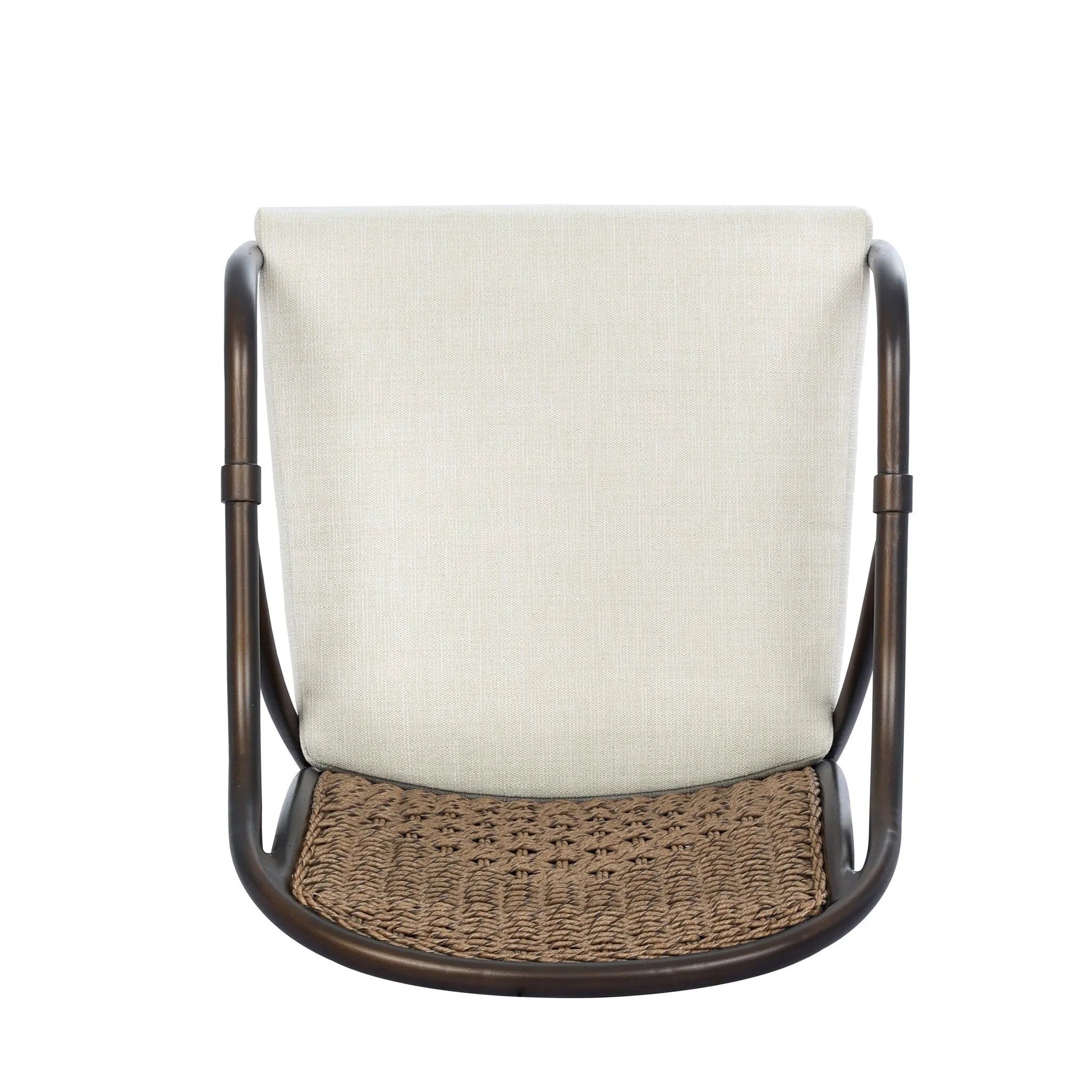 This outdoor dining chair takes inspiration from classic French bistro-style chairs, featuring a distinctive metal collar detail on the arms. The woven seatback comes together in a diamond pattern, finished with a cream-colored seat cushion. Cover or store inside during inclement weather and when not in use. Amethyst Home provides interior design, new home construction design consulting, vintage area rugs, and lighting in the Salt Lake City metro area.