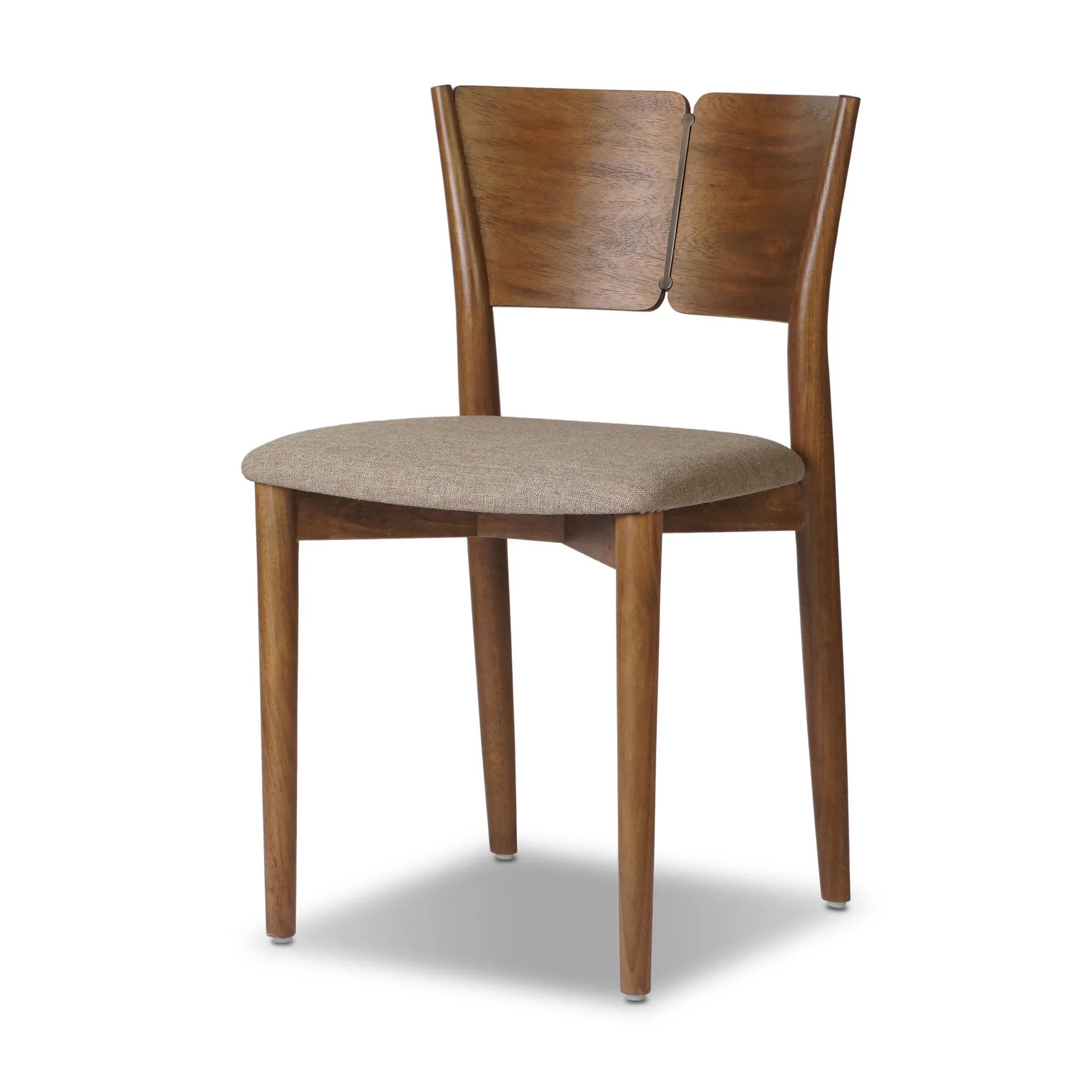 Bring a mixed material moment to your dining space with a Scandinavian-inspired seating style. Solid parawood forms a beautifully curved frame for a slim-profile seat upholstered in taupe high-performance fabric. On the back panel, a thin iron inlay elevates the look with a detail-driven finishing touch. Amethyst Home provides interior design, new home construction design consulting, vintage area rugs, and lighting in the Portland metro area.