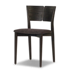 Inspired by simple Scandinavian styling, a dark-finished parawood stool's slit-back metal inlay adds a decorative touch. Easy curves from bent wood give a smooth silhouette. Upholstered with a thin seat cushion upholstered in black performance fabric, perfect for everyday dining. Amethyst Home provides interior design, new home construction design consulting, vintage area rugs, and lighting in the Laguna Beach metro area.
