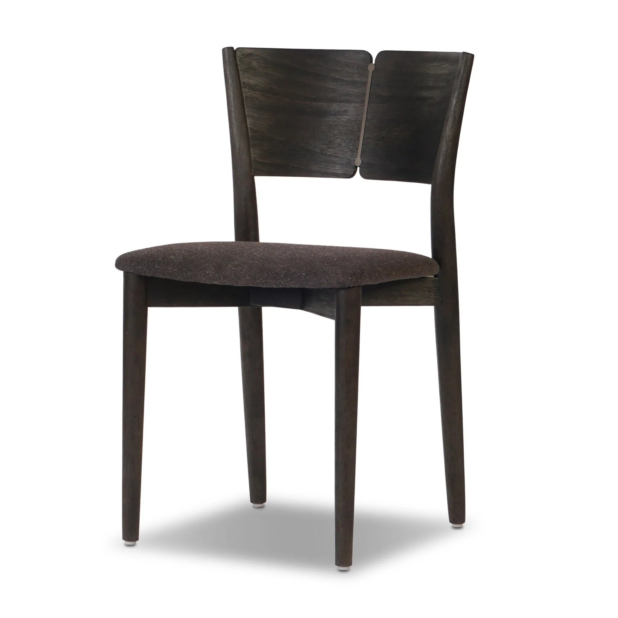 Inspired by simple Scandinavian styling, a dark-finished parawood stool's slit-back metal inlay adds a decorative touch. Easy curves from bent wood give a smooth silhouette. Upholstered with a thin seat cushion upholstered in black performance fabric, perfect for everyday dining. Amethyst Home provides interior design, new home construction design consulting, vintage area rugs, and lighting in the Laguna Beach metro area.