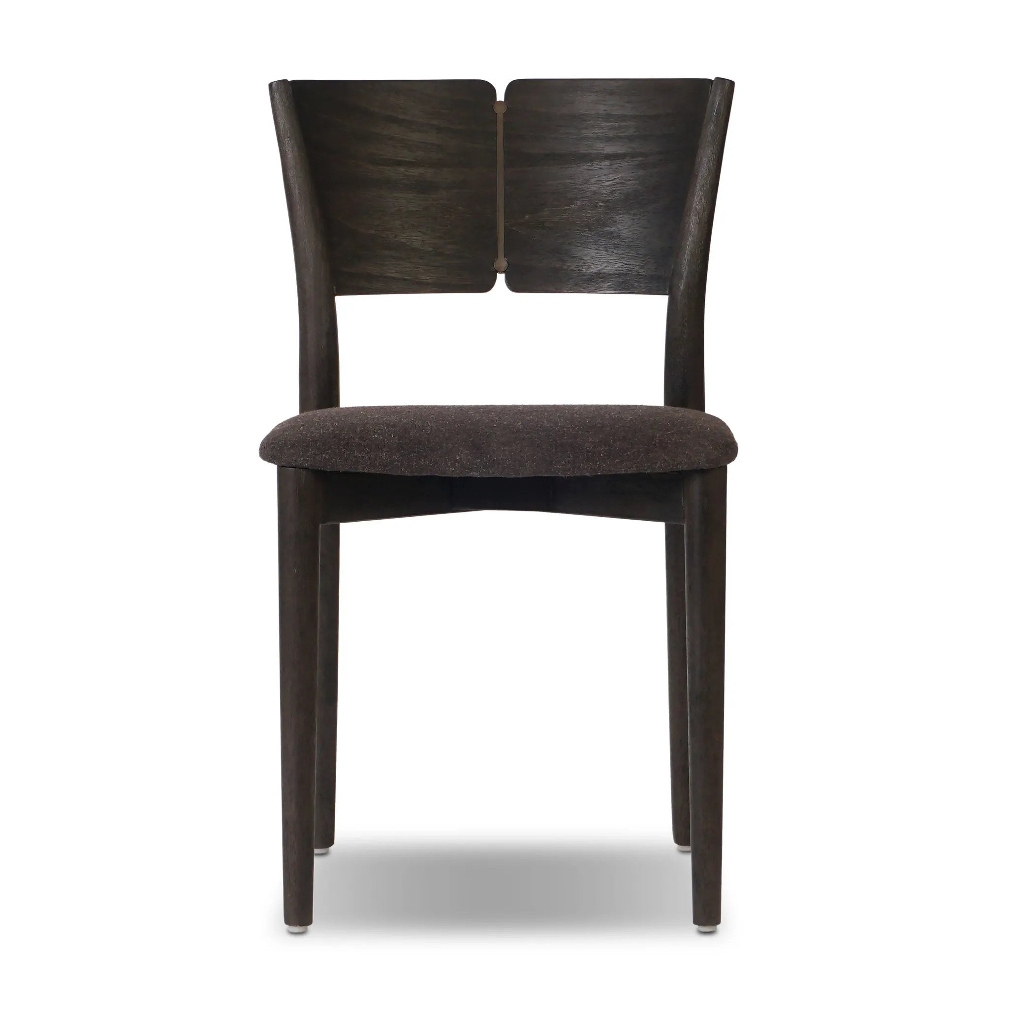 Inspired by simple Scandinavian styling, a dark-finished parawood stool's slit-back metal inlay adds a decorative touch. Easy curves from bent wood give a smooth silhouette. Upholstered with a thin seat cushion upholstered in black performance fabric, perfect for everyday dining. Amethyst Home provides interior design, new home construction design consulting, vintage area rugs, and lighting in the Washington metro area.
