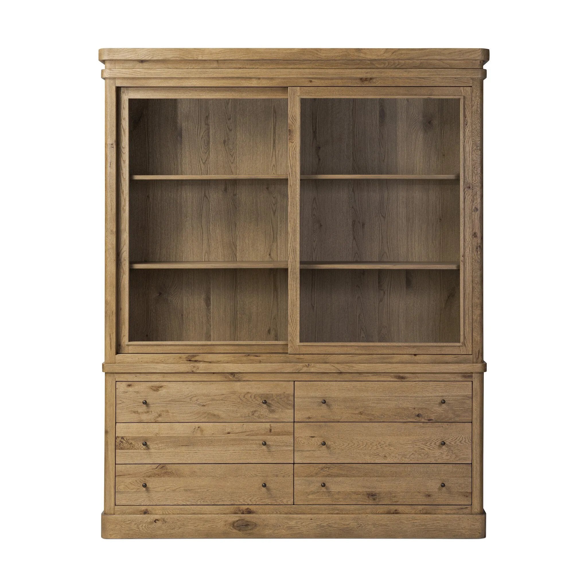 Large, traditional cabinetry of honey-finished oak brings a timeless look — and plenty of storage — to any room in the house. Sliding glass doors modernize this heritage-inspired piece, so you can style your favorite books and belongings. Six roomy drawers create endless storage possibilities for your space Amethyst Home provides interior design, new home construction design consulting, vintage area rugs, and lighting in the Washington metro area.