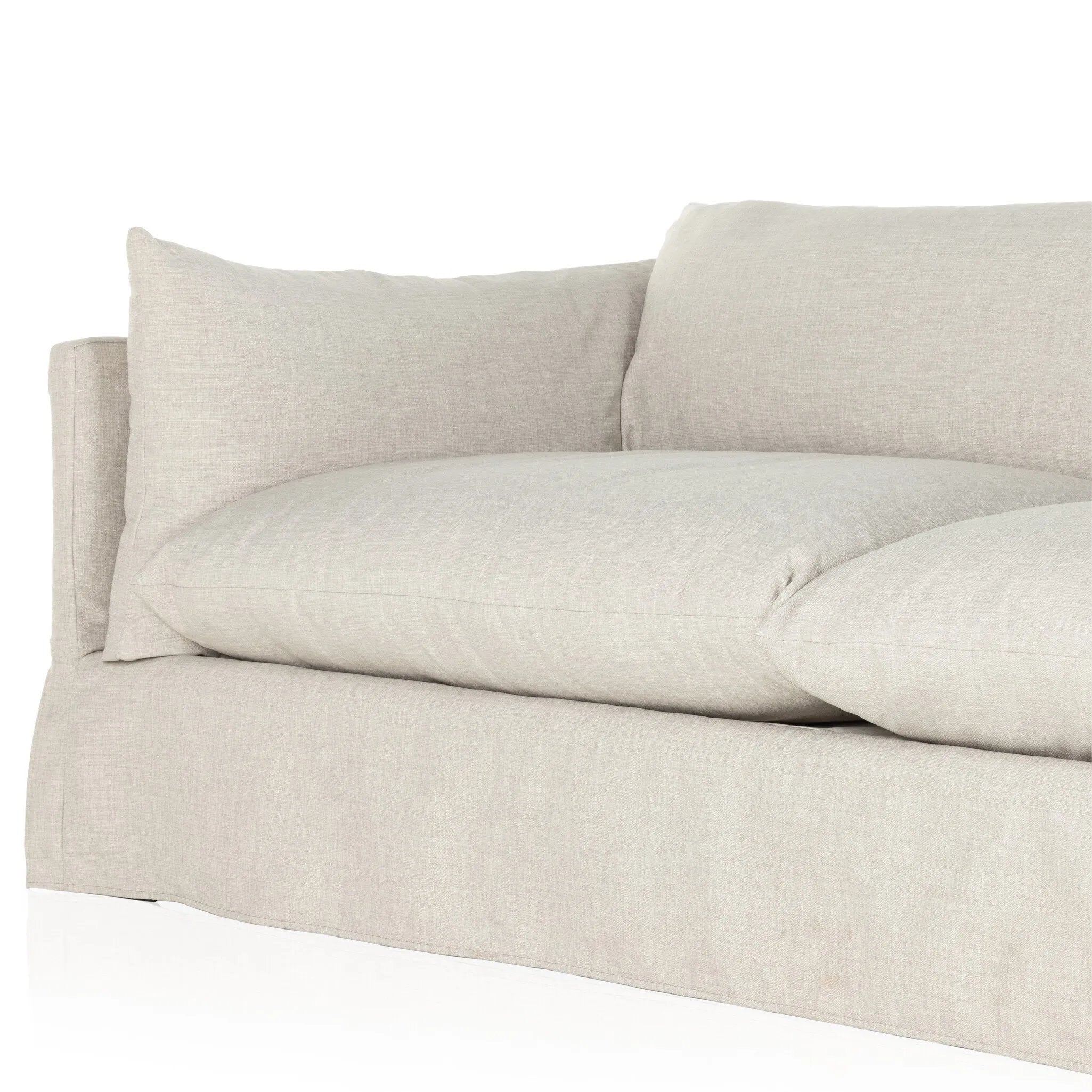 Featuring Habitat Bennett Moon Sofa by Four Hands at Amethyst Home. A slipcovered sofa made for modern living. Shelter arms and big, pillow-inspired cushions are covered in a durable comfortable fabric prime for lounging. Performance fabrics are specially created to withstand spills, stains, high traffic and wear, ensuring long-term comfort and unmatched du. Amethyst Home provides interior design, new home construction design consulting, vintage area rugs, and lighting in the Charlotte metro area.