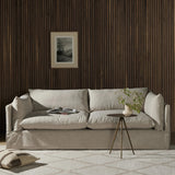 Featuring Habitat Bennett Moon Sofa by Four Hands at Amethyst Home. A slipcovered sofa made for modern living. Shelter arms and big, pillow-inspired cushions are covered in a durable comfortable fabric prime for lounging. Performance fabrics are specially created to withstand spills, stains, high traffic and wear, ensuring long-term comfort and unmatched . Amethyst Home provides interior design, new home construction design consulting, vintage area rugs, and lighting in the Los Angeles metro area.