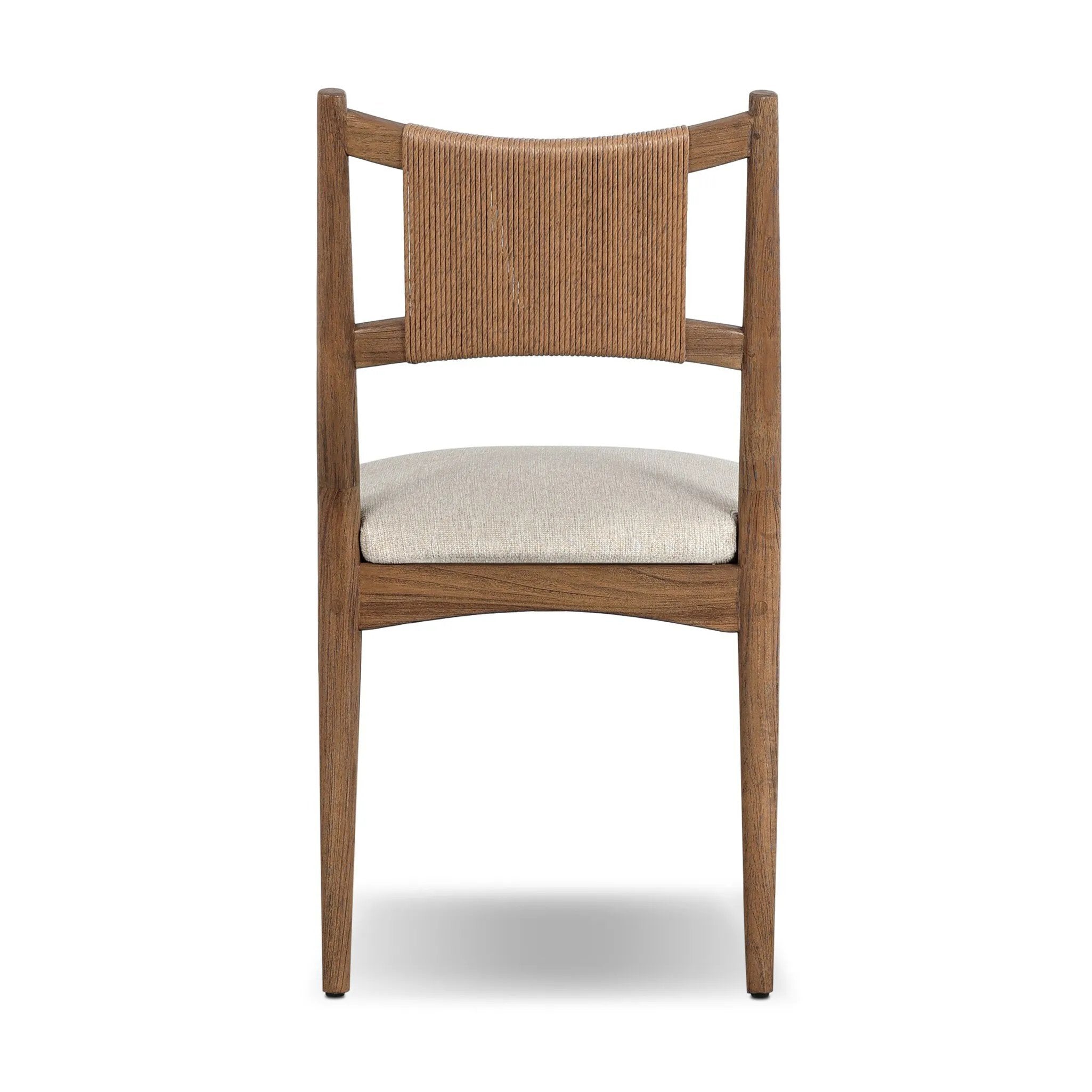 A curved back wrapped and textural woven paper cord take this everyday dining chair to new heights. FSC®-certified teak frames a tightly woven seat for a clean, monochromatic look. Cover or store inside during inclement weather and when not in use. Amethyst Home provides interior design, new home construction design consulting, vintage area rugs, and lighting in the Charlotte metro area.