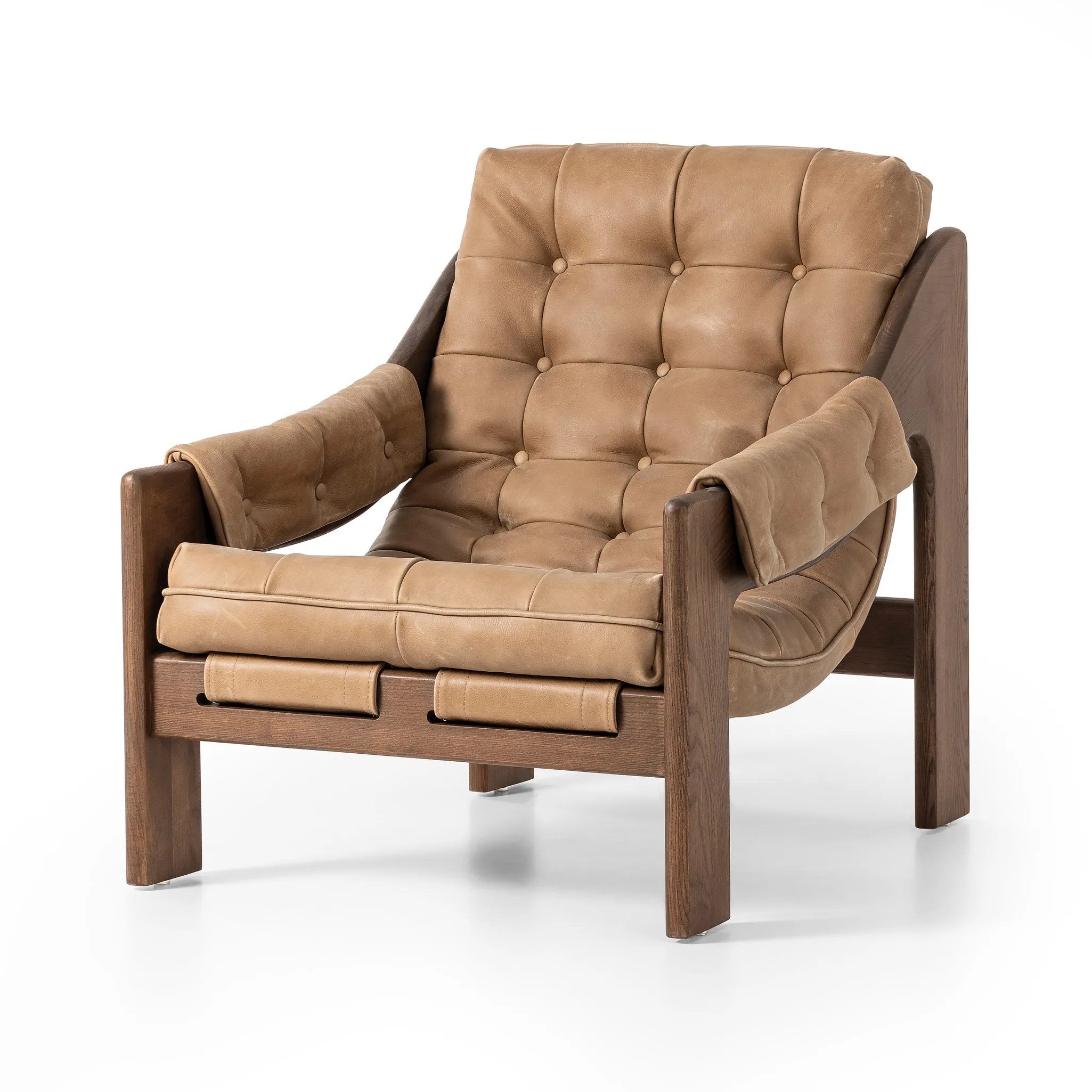Featuring Halston Palermo Drift Chair by Four Hands at Amethyst Home. Dramatically tufted and angled for comfort, this Seventies-inspired sling seat is made from thick-cut top-grain leather in an earthy taupe, with wide brown ash framing. A plump, pronounced grain accentuates leather's natural markings for a supple, lived-in look.Overall Dimensions: 30.00"w. Amethyst Home provides interior design, new home construction design consulting, vintage area rugs, and lighting in the Charlotte metro area.
