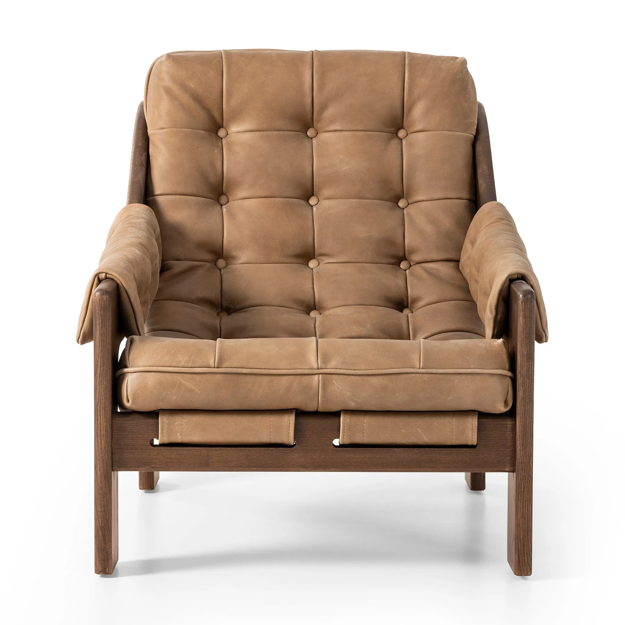 Featuring Halston Palermo Drift Chair by Four Hands at Amethyst Home. Dramatically tufted and angled for comfort, this Seventies-inspired sling seat is made from thick-cut top-grain leather in an earthy taupe, with wide brown ash framing. A plump, pronounced grain accentuates leather's natural markings for a supple, lived-in look.Overall Dimensions: 30.00"w x. Amethyst Home provides interior design, new home construction design consulting, vintage area rugs, and lighting in the Houston metro area.