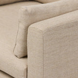 With traditional details like turned oak legs and brass casters, this low-profile accent chair features an elongated bench seat for an inviting sit. Performance fabric in neutral wheat finishes a knife-edge back and boxed arm cushions Amethyst Home provides interior design, new home construction design consulting, vintage area rugs, and lighting in the Kansas City metro area.