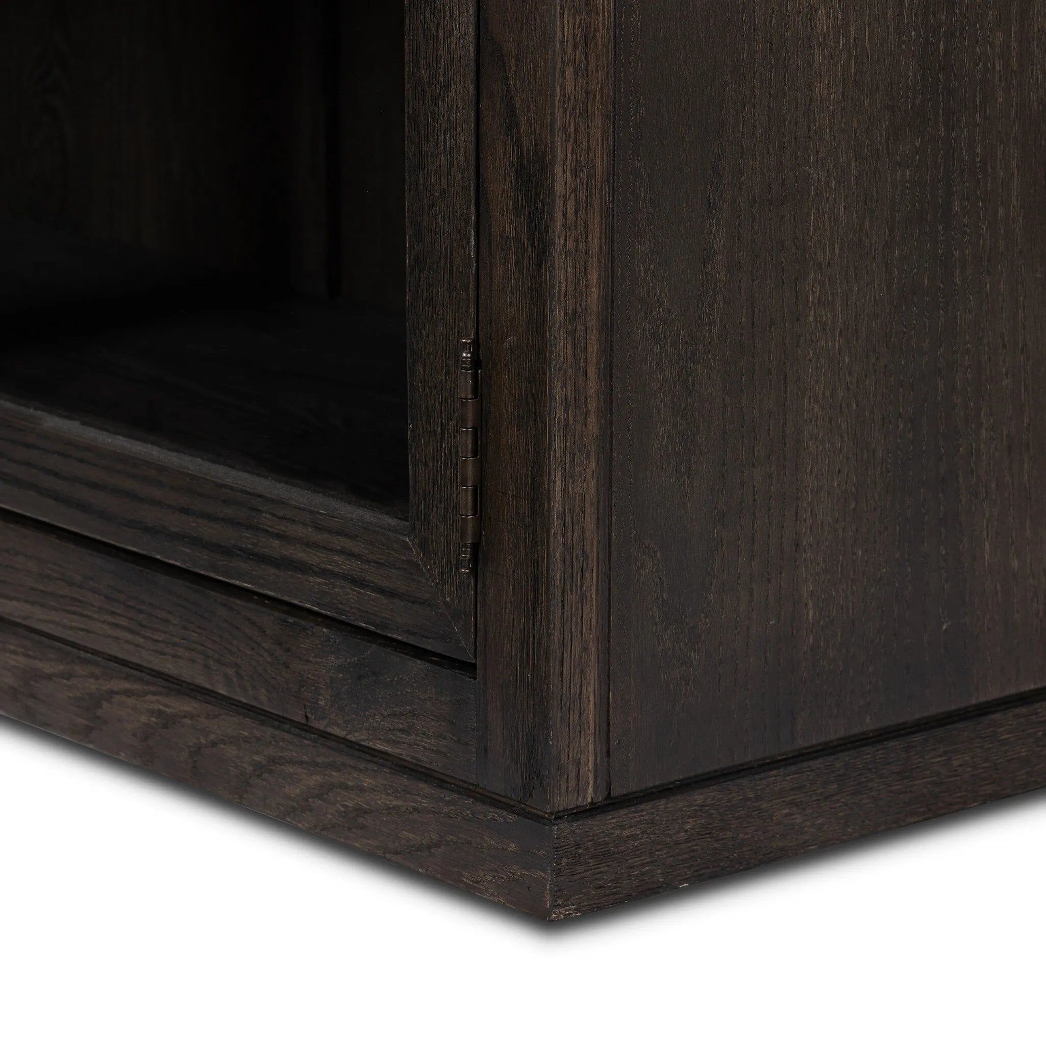 With rounded sides inspired by Eighties design, almond-finished oak brings depth into any room in your home. Spacious shelves create endless storage and display options for favorite books and keepsakes, all visible through clear tempered glass Amethyst Home provides interior design, new home construction design consulting, vintage area rugs, and lighting in the Alpharetta metro area.