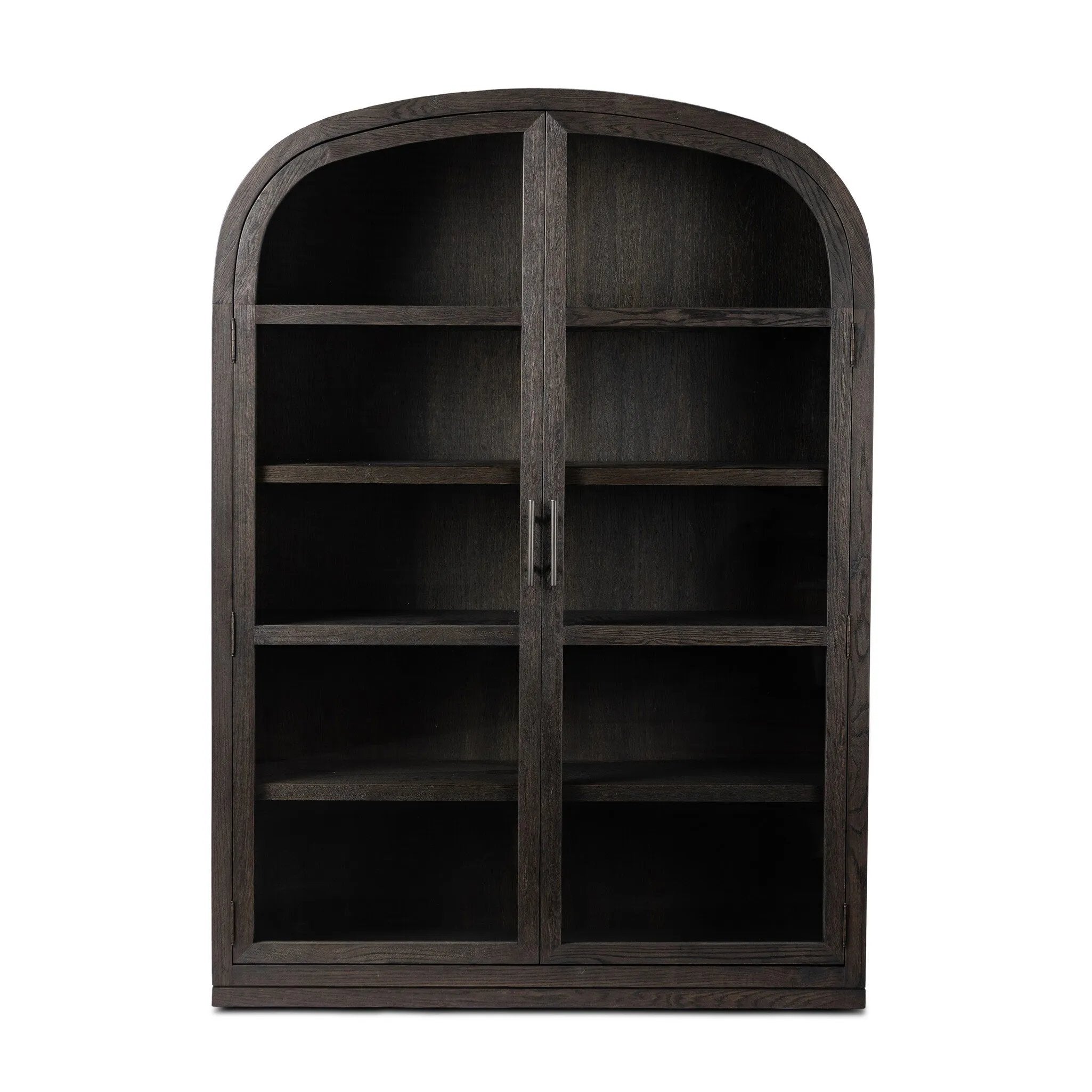 With rounded sides inspired by Eighties design, almond-finished oak brings depth into any room in your home. Spacious shelves create endless storage and display options for favorite books and keepsakes, all visible through clear tempered glass Amethyst Home provides interior design, new home construction design consulting, vintage area rugs, and lighting in the Charlotte metro area.