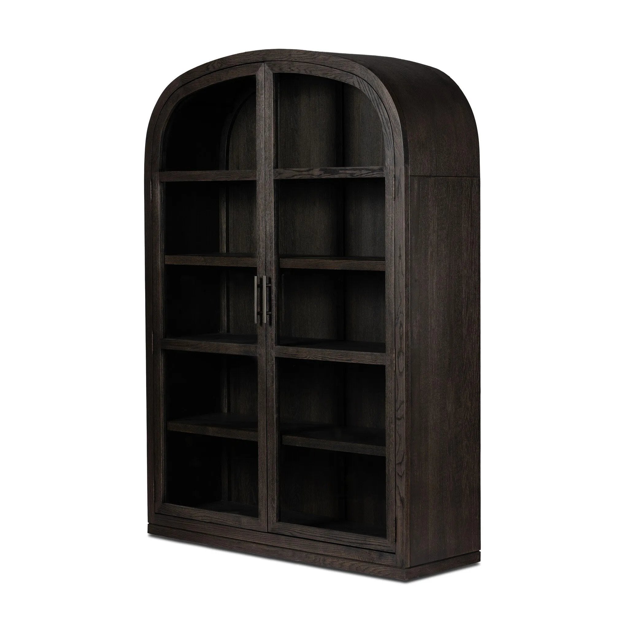 With rounded sides inspired by Eighties design, almond-finished oak brings depth into any room in your home. Spacious shelves create endless storage and display options for favorite books and keepsakes, all visible through clear tempered glass Amethyst Home provides interior design, new home construction design consulting, vintage area rugs, and lighting in the Laguna Beach metro area.