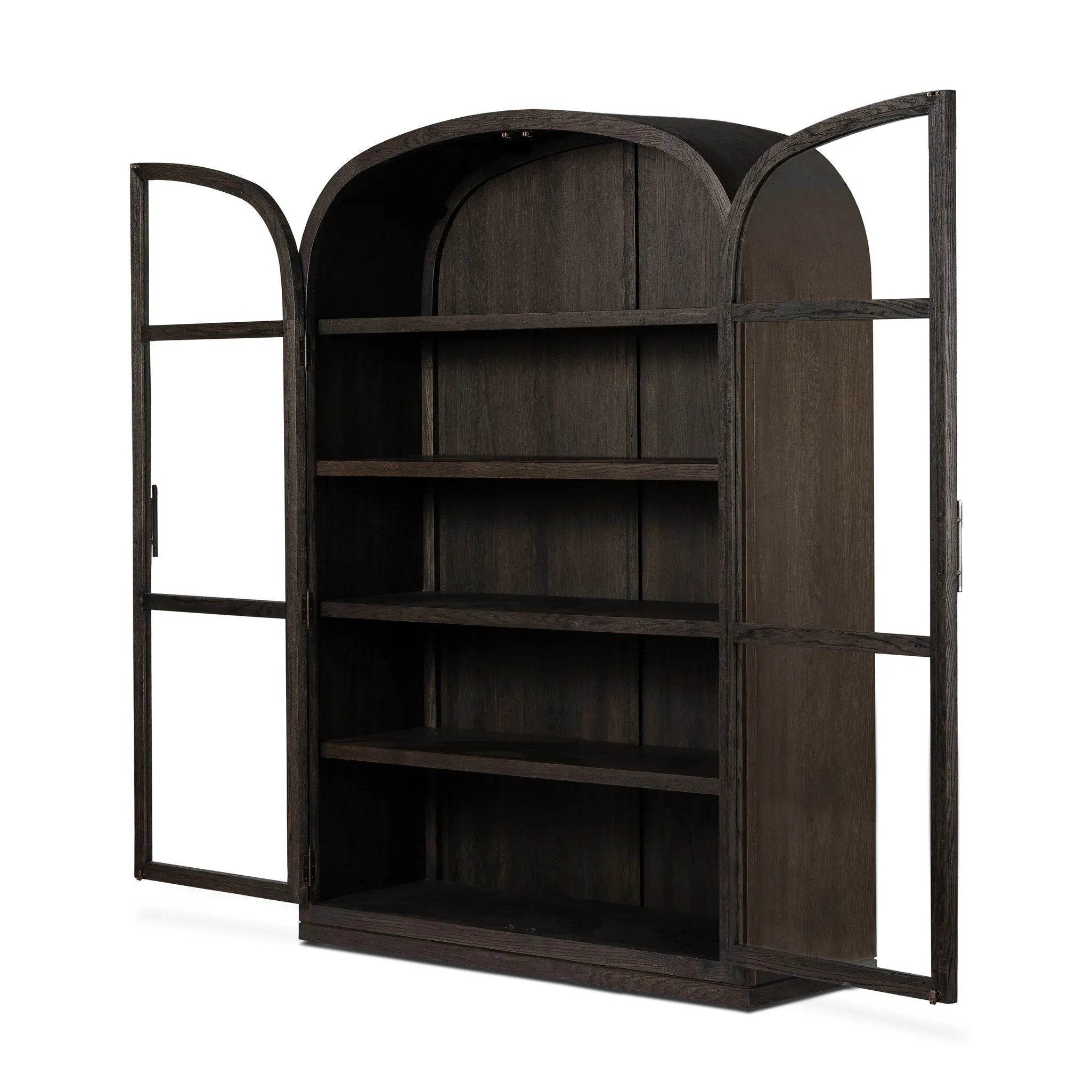With rounded sides inspired by Eighties design, almond-finished oak brings depth into any room in your home. Spacious shelves create endless storage and display options for favorite books and keepsakes, all visible through clear tempered glass Amethyst Home provides interior design, new home construction design consulting, vintage area rugs, and lighting in the Tampa metro area.
