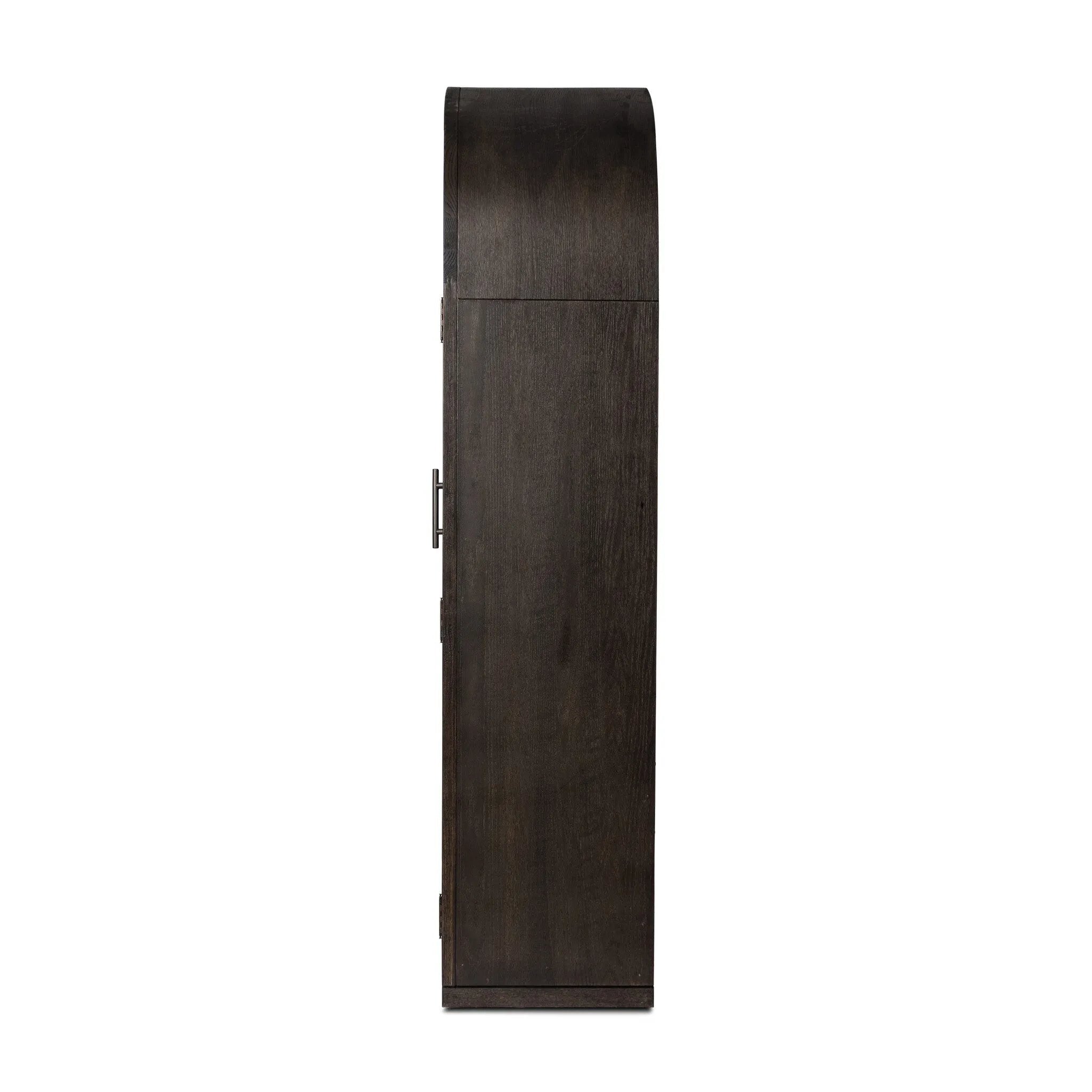 With rounded sides inspired by Eighties design, almond-finished oak brings depth into any room in your home. Spacious shelves create endless storage and display options for favorite books and keepsakes, all visible through clear tempered glass Amethyst Home provides interior design, new home construction design consulting, vintage area rugs, and lighting in the Winter Garden metro area.