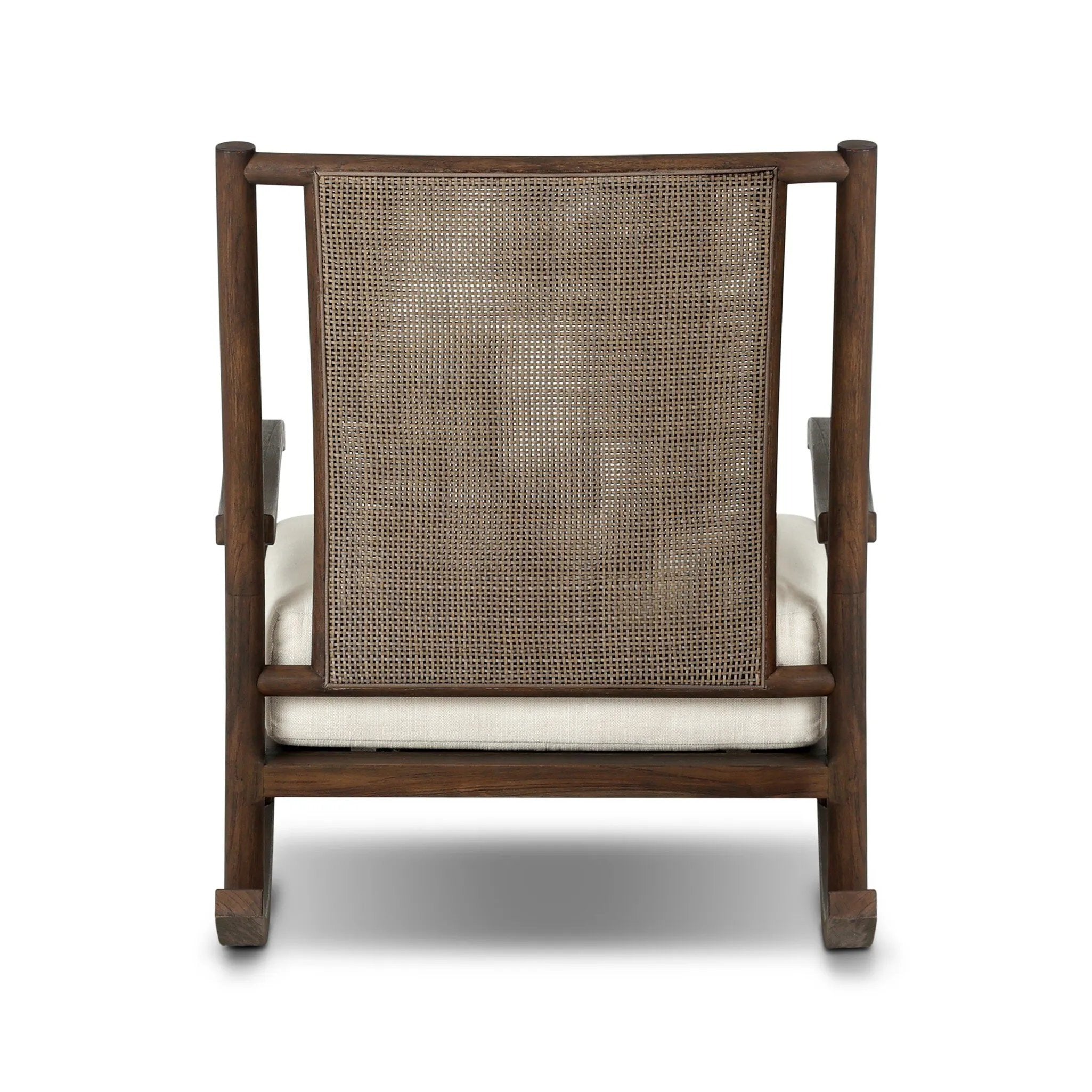 Bring the antique look to the outdoors with this vintage-style outdoor rocking chair. Paired back details let the FSC®-certified teak frame, crosshatch cane panel back and sink-in cushioned seat tell a story of comfort and character. Cover or store inside during inclement weather and when not in use. Amethyst Home provides interior design, new home construction design consulting, vintage area rugs, and lighting in the Calabasas metro area.