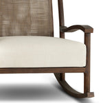 Bring the antique look to the outdoors with this vintage-style outdoor rocking chair. Paired back details let the FSC®-certified teak frame, crosshatch cane panel back and sink-in cushioned seat tell a story of comfort and character. Cover or store inside during inclement weather and when not in use. Amethyst Home provides interior design, new home construction design consulting, vintage area rugs, and lighting in the Charlotte metro area.