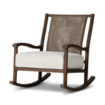 Bring the antique look to the outdoors with this vintage-style outdoor rocking chair. Paired back details let the FSC®-certified teak frame, crosshatch cane panel back and sink-in cushioned seat tell a story of comfort and character. Cover or store inside during inclement weather and when not in use. Amethyst Home provides interior design, new home construction design consulting, vintage area rugs, and lighting in the Nashville metro area.