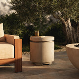 This outdoor propane tank enclosure pairs with fire tables for a clean, seamless look. Made from glass-reinforced concrete, each piece is naturally finished with subtle tones of grey and cream. It can act as an end table with its lid on, and has cutouts at the base for hose attachments. Amethyst Home provides interior design, new home construction design consulting, vintage area rugs, and lighting in the Salt Lake City metro area.