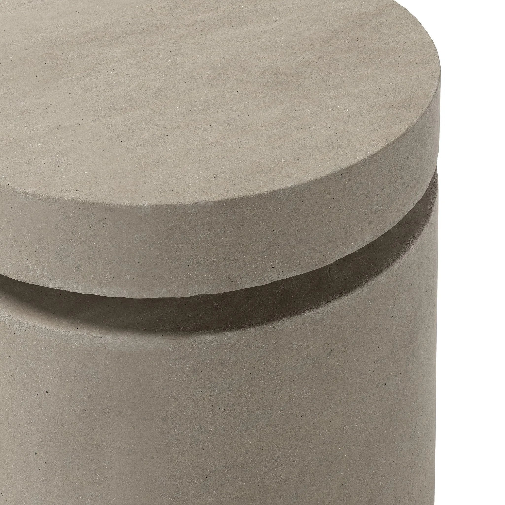This outdoor propane tank enclosure pairs with fire tables for a clean, seamless look. Made from glass-reinforced concrete, each piece is naturally finished with subtle tones of grey and cream. It can act as an end table with its lid on, and has cutouts at the base for hose attachments. Amethyst Home provides interior design, new home construction design consulting, vintage area rugs, and lighting in the Scottsdale metro area.
