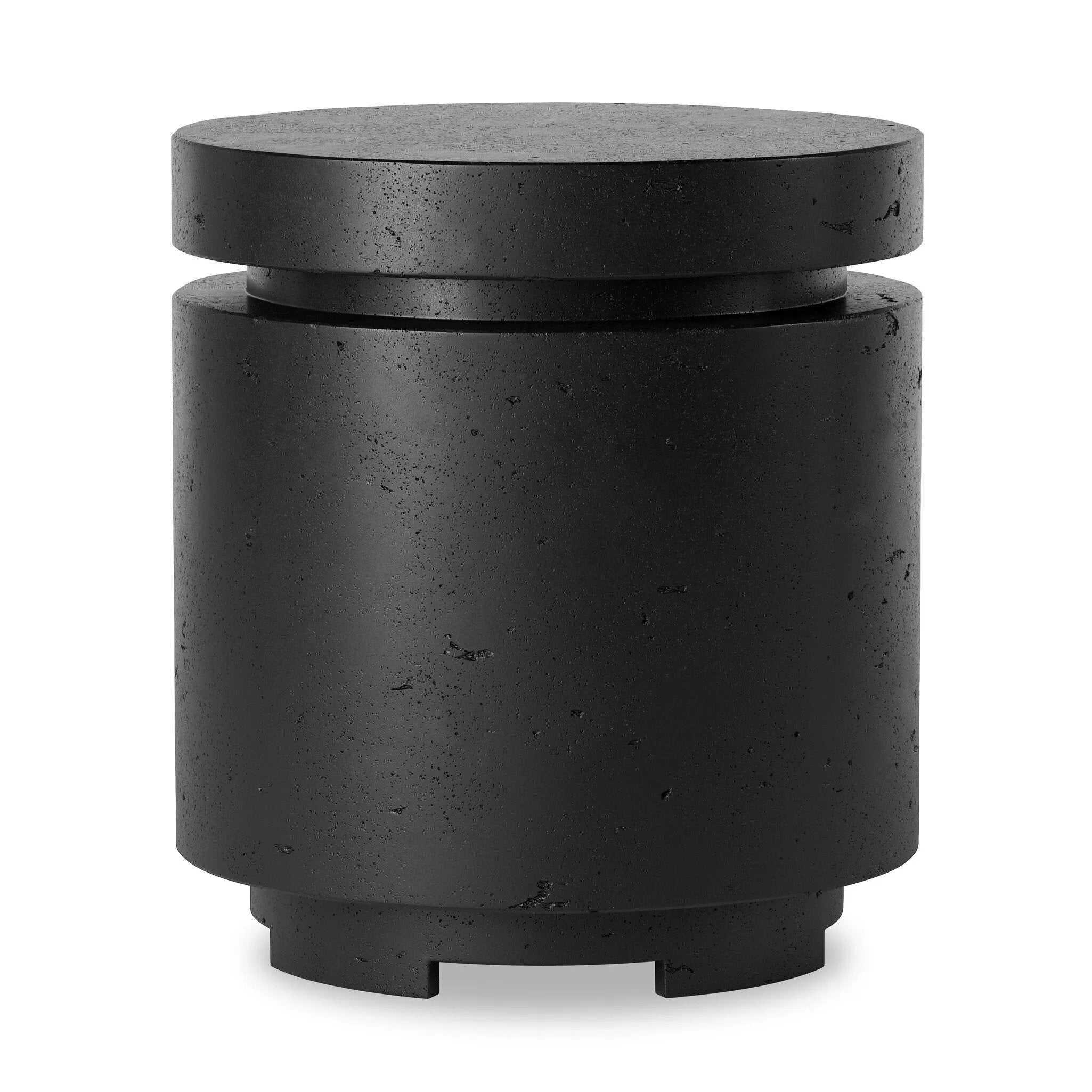 This outdoor propane tank enclosure pairs with fire tables for a clean, seamless look. Made from glass-reinforced concrete, each piece is naturally finished with deep tones of charcoal. It can act as an end table with its lid on, and has cutouts at the base for hose attachments. Cover or store indoors during inclement weather and when not in use. Amethyst Home provides interior design, new home construction design consulting, vintage area rugs, and lighting in the Alpharetta metro area.