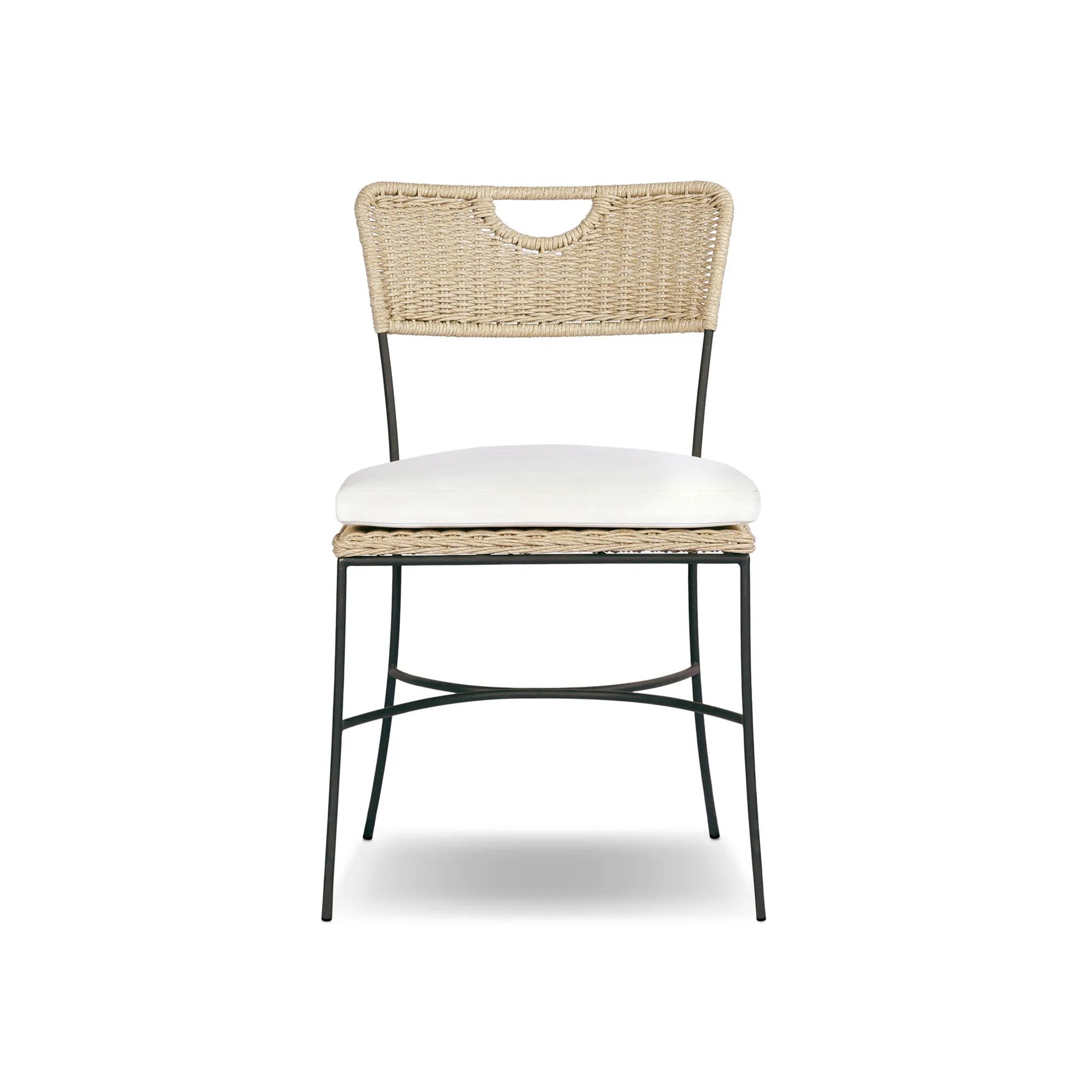 A light, airy take on the traditional bistro shape. This outdoor dining chair features exaggerated splayed legs and a curved X-shaped stretcher, with a handle detail cut out of the woven seat back. Finished with a seat cushion. Cover or store indoors during inclement weather and when not in use Amethyst Home provides interior design, new home construction design consulting, vintage area rugs, and lighting in the Austin metro area.