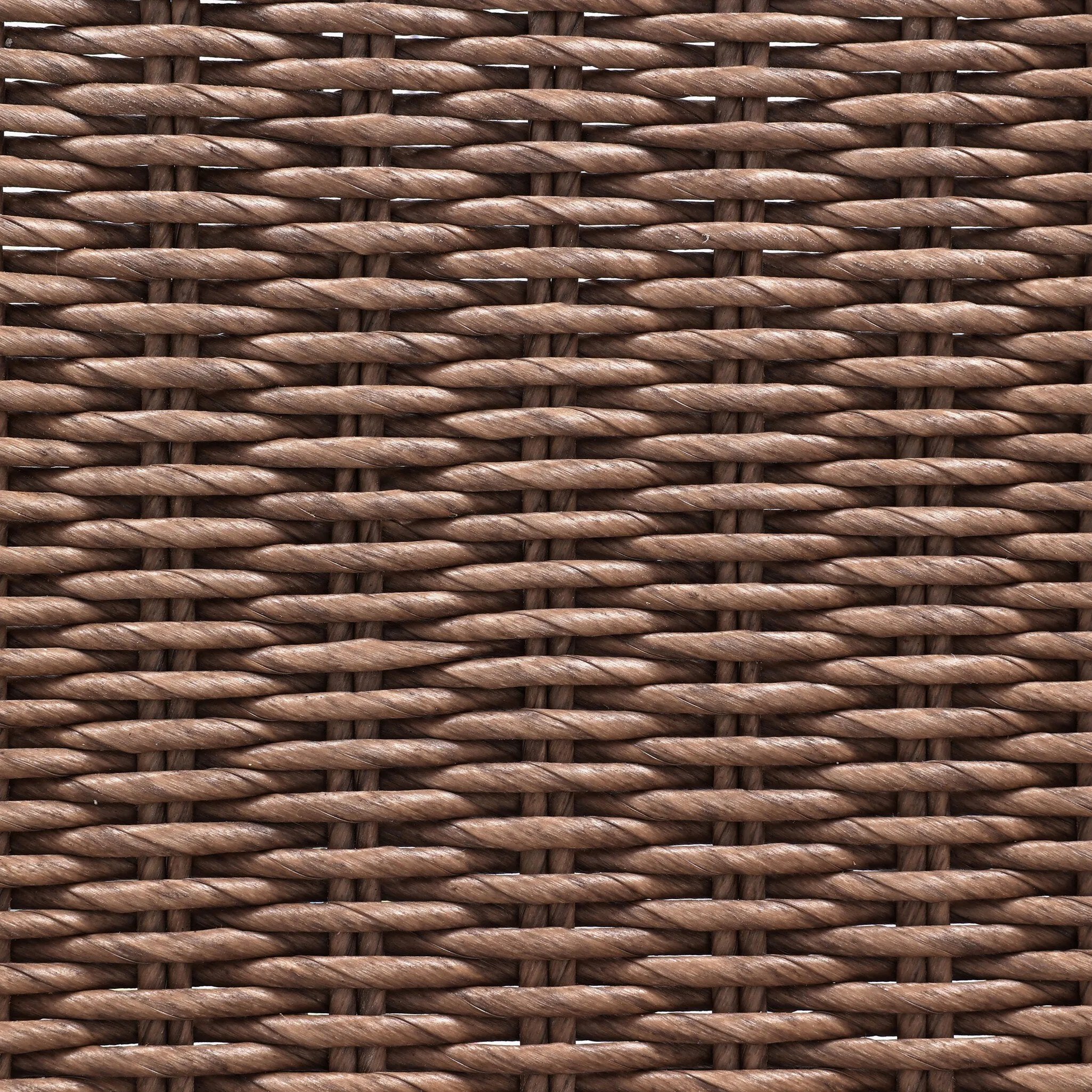 A light, airy take on the traditional bistro shape. This outdoor dining chair features exaggerated splayed legs and a curved X-shaped stretcher, with a handle detail cut out of the woven seat back. Finished with a seat cushion. Cover or store indoors during inclement weather and when not in use. Amethyst Home provides interior design, new home construction design consulting, vintage area rugs, and lighting in the San Diego metro area.