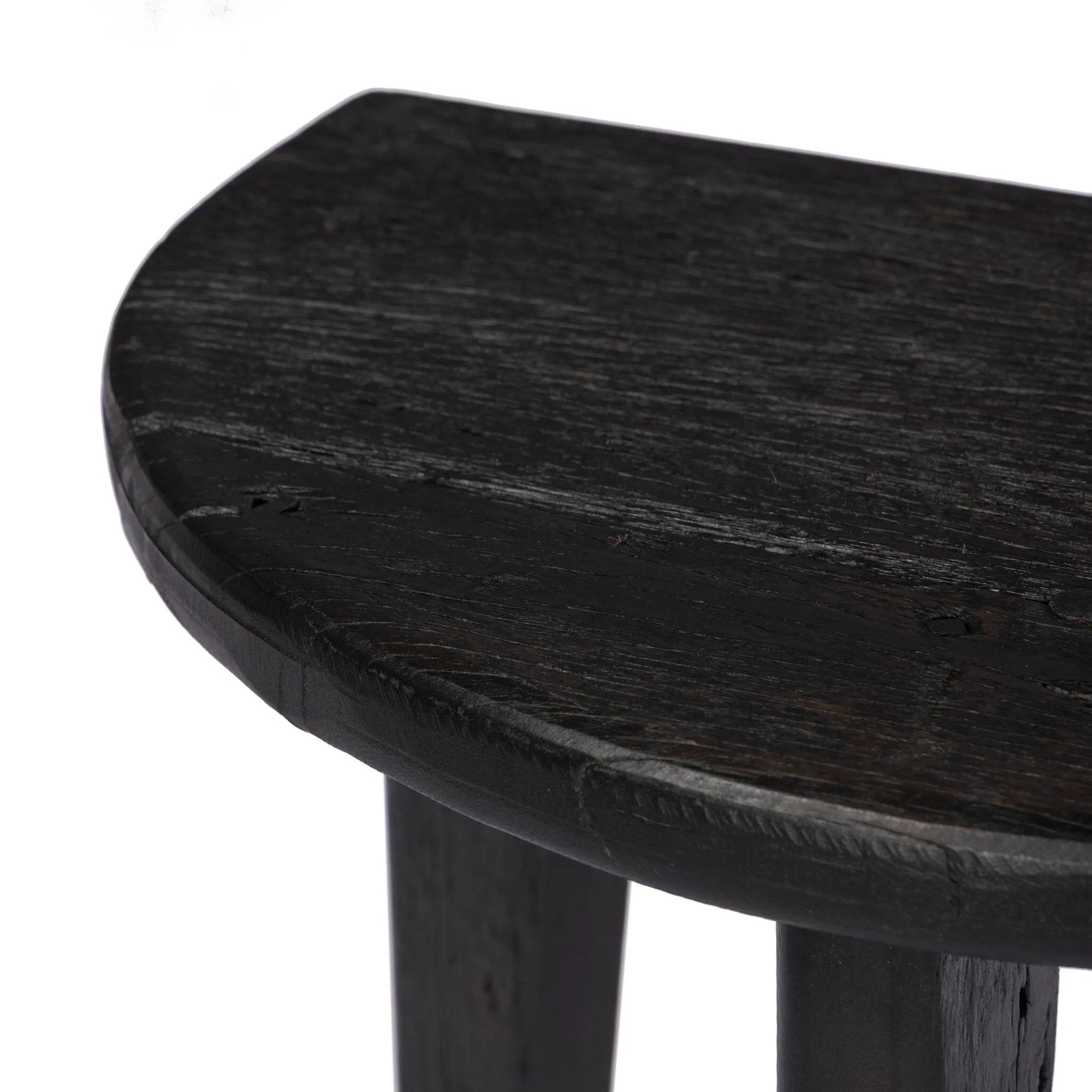 Simple shaping, endless options. Finished in a brownish grey, character-rich reclaimed woods shape a half-circle tabletop and softened tapered legs. Ideal for styling next to your favorite sofa or reading chair, or up against the wall if you're short on space. Amethyst Home provides interior design, new home construction design consulting, vintage area rugs, and lighting in the Calabasas metro area.