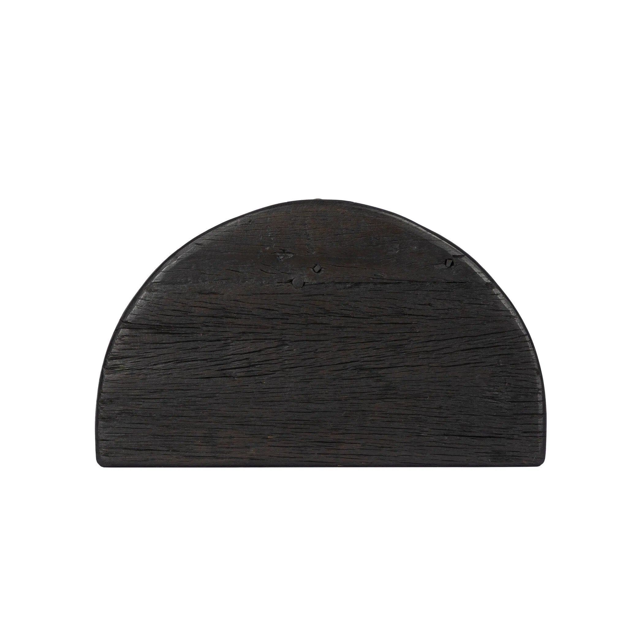 Simple shaping, endless options. Finished in a brownish grey, character-rich reclaimed woods shape a half-circle tabletop and softened tapered legs. Ideal for styling next to your favorite sofa or reading chair, or up against the wall if you're short on space. Amethyst Home provides interior design, new home construction design consulting, vintage area rugs, and lighting in the Charlotte metro area.