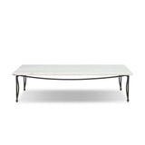 Inspired by Art Deco designs, this outdoor coffee table introduces a sense of movement to a classic silhouette. Graceful, flowing lines on the base pair with a white marble top for a classic black-and-white look. Cover or store inside during inclement weather and when not in use. Amethyst Home provides interior design, new home construction design consulting, vintage area rugs, and lighting in the Miami metro area.