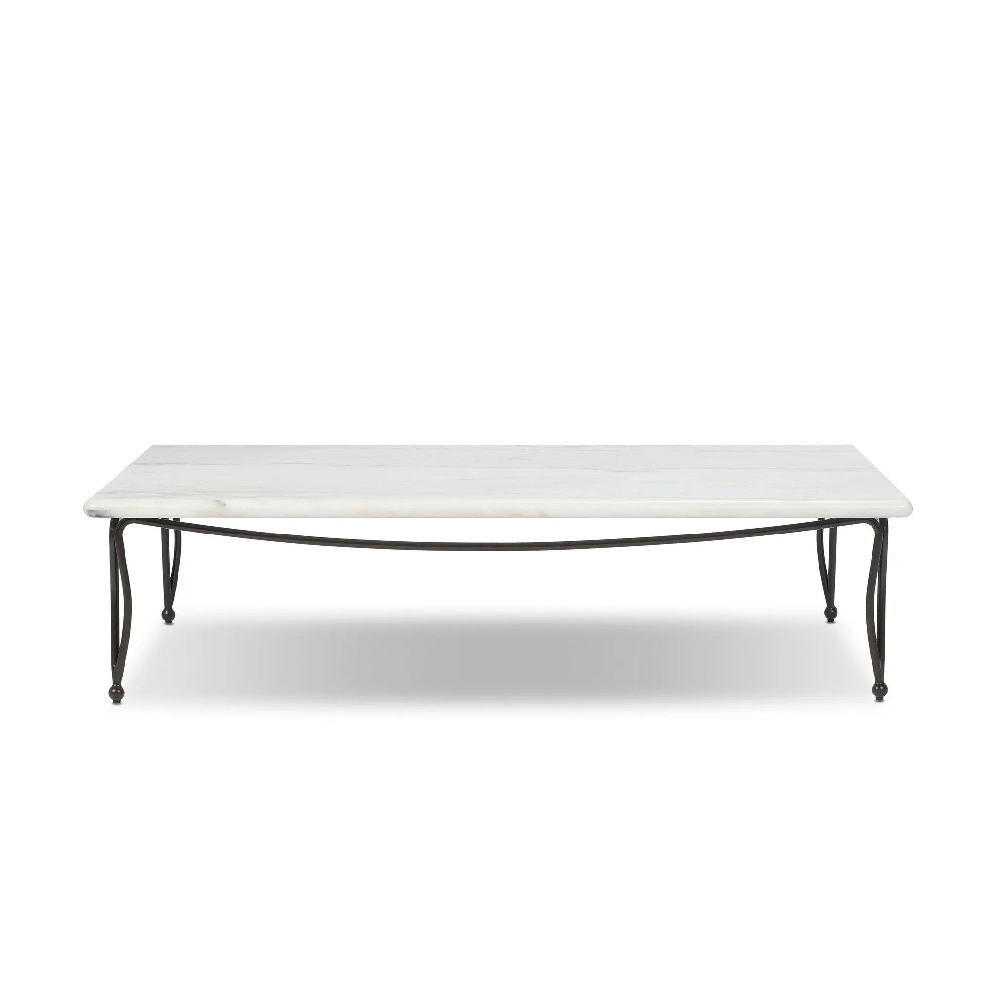 Inspired by Art Deco designs, this outdoor coffee table introduces a sense of movement to a classic silhouette. Graceful, flowing lines on the base pair with a white marble top for a classic black-and-white look. Cover or store inside during inclement weather and when not in use. Amethyst Home provides interior design, new home construction design consulting, vintage area rugs, and lighting in the Miami metro area.