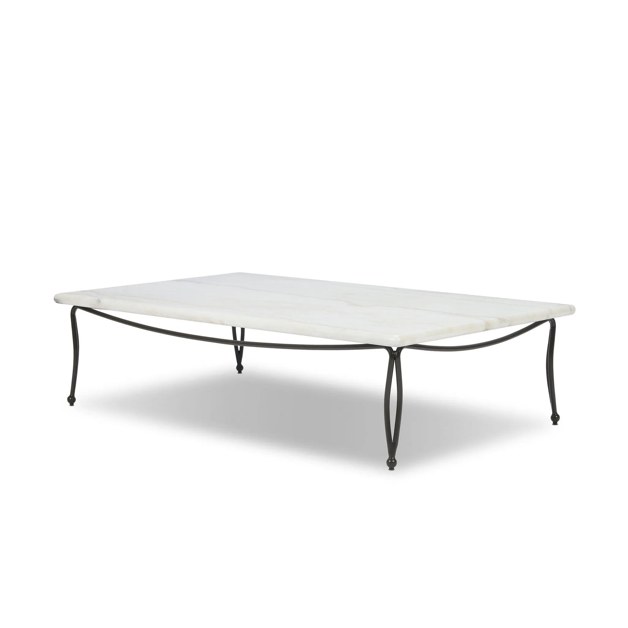 Inspired by Art Deco designs, this outdoor coffee table introduces a sense of movement to a classic silhouette. Graceful, flowing lines on the base pair with a white marble top for a classic black-and-white look. Cover or store inside during inclement weather and when not in use. Amethyst Home provides interior design, new home construction design consulting, vintage area rugs, and lighting in the Seattle metro area.