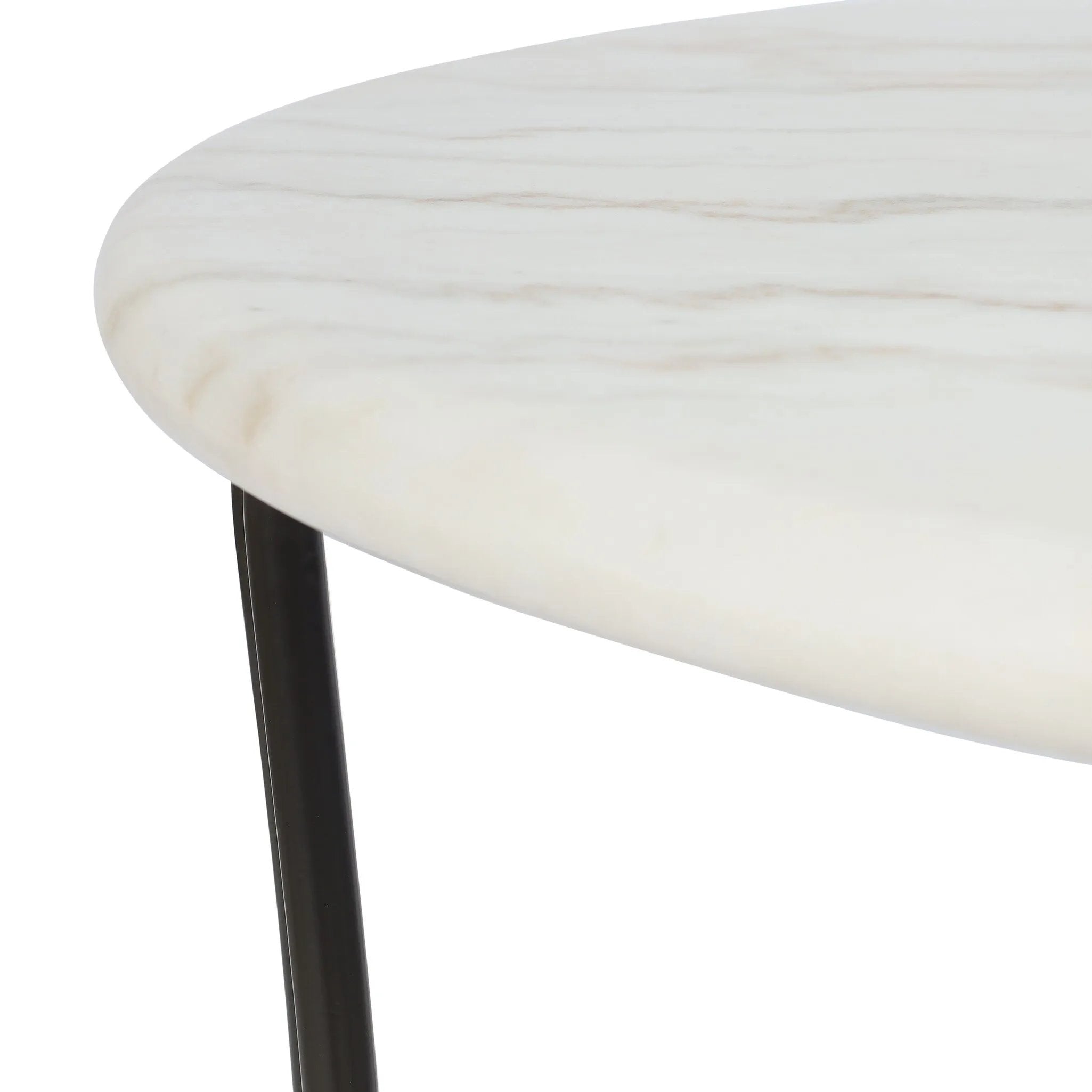 Inspired by Art Deco designs, this outdoor bistro dining table introduces a sense of movement to a classic silhouette. Graceful, flowing lines on the base pair with a white marble top for a classic black-and-white look. Cover or store inside during inclement weather and when not in use. Amethyst Home provides interior design, new home construction design consulting, vintage area rugs, and lighting in the Los Angeles metro area.