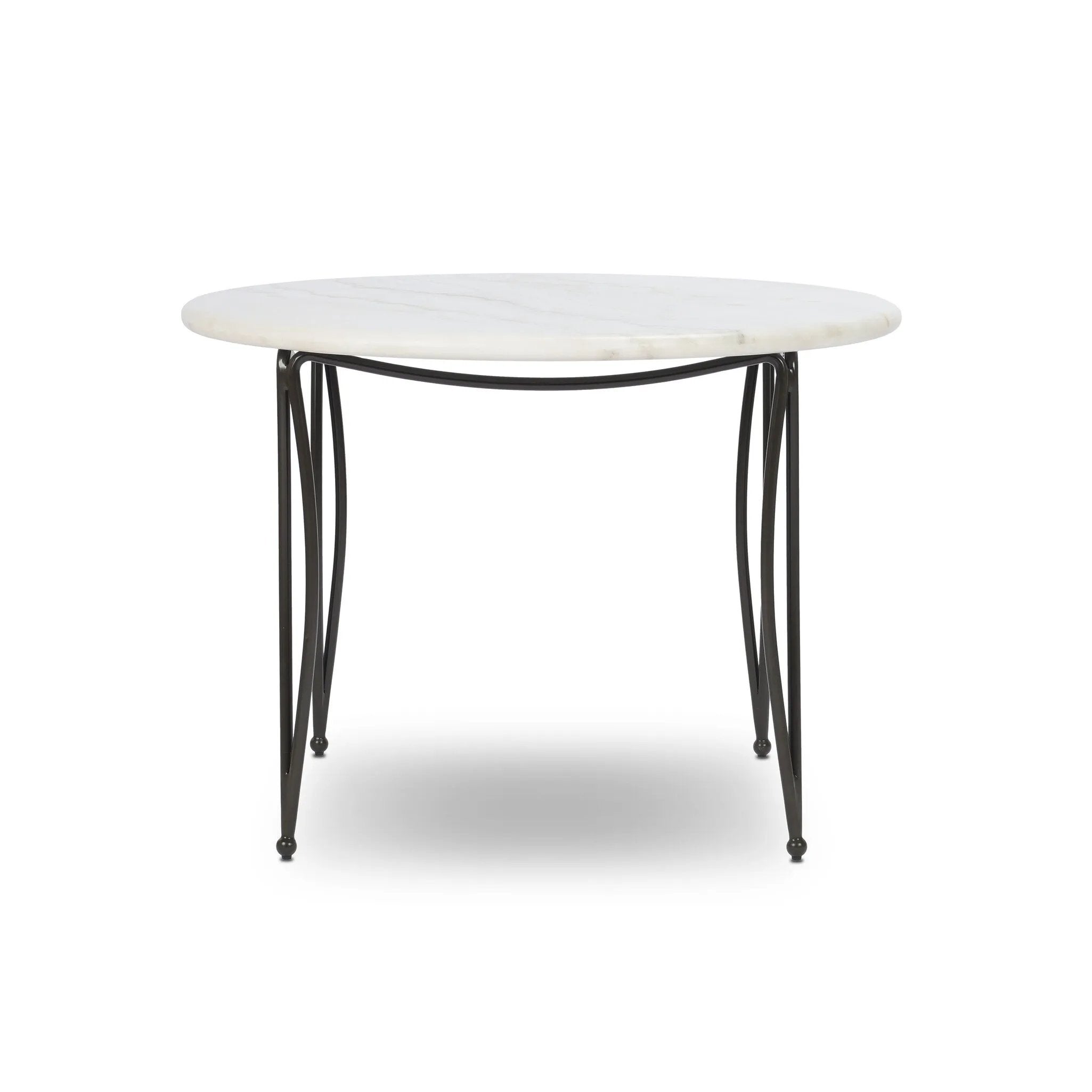 Inspired by Art Deco designs, this outdoor bistro dining table introduces a sense of movement to a classic silhouette. Graceful, flowing lines on the base pair with a white marble top for a classic black-and-white look. Cover or store inside during inclement weather and when not in use. Amethyst Home provides interior design, new home construction design consulting, vintage area rugs, and lighting in the Nashville metro area.