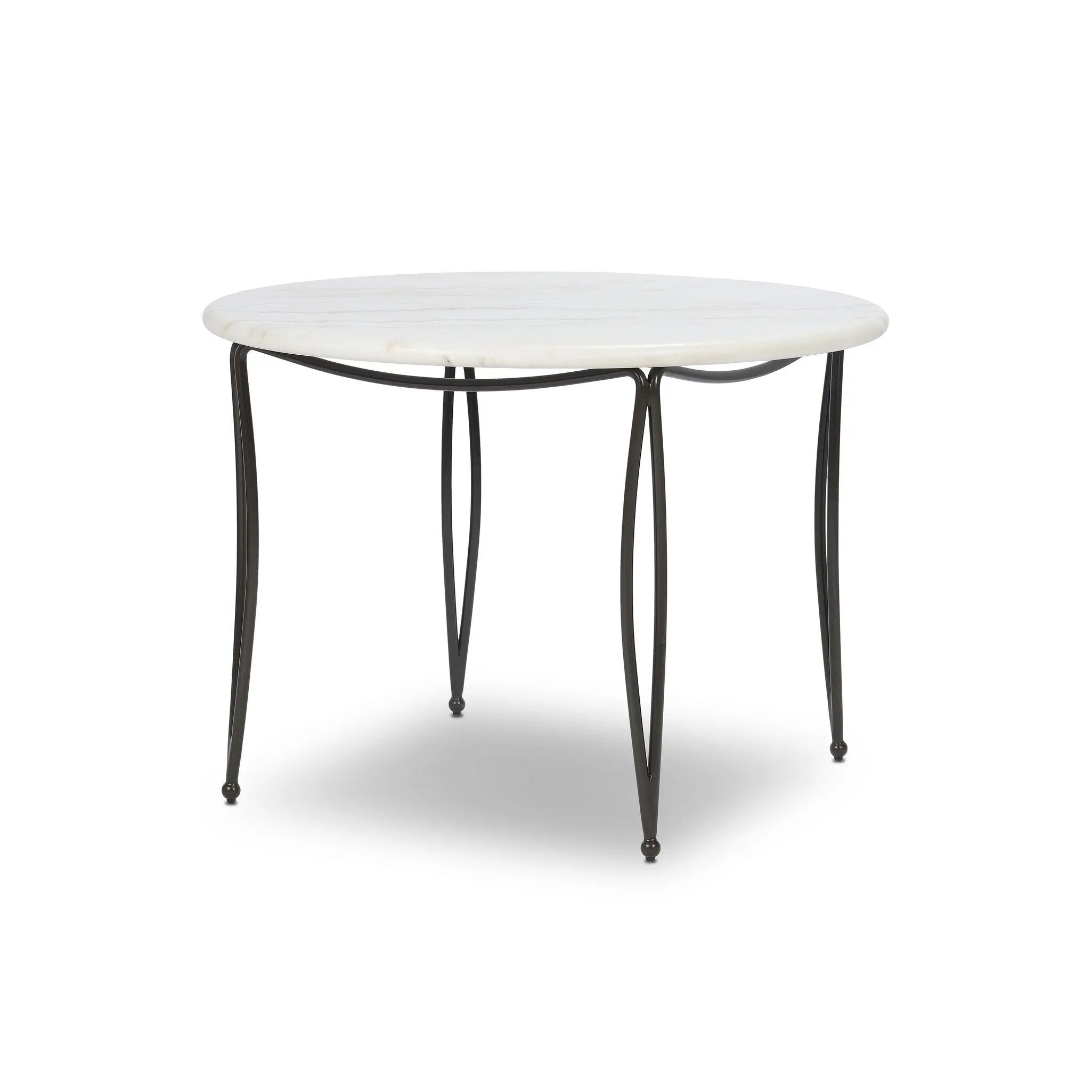 Inspired by Art Deco designs, this outdoor bistro dining table introduces a sense of movement to a classic silhouette. Graceful, flowing lines on the base pair with a white marble top for a classic black-and-white look. Cover or store inside during inclement weather and when not in use. Amethyst Home provides interior design, new home construction design consulting, vintage area rugs, and lighting in the Seattle metro area.