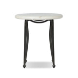 Inspired by Art Deco designs, this outdoor end table introduces a sense of movement to a classic silhouette. Graceful, flowing lines on the base pair with a white marble top for a classic black-and-white look. Cover or store inside during inclement weather and when not in use. Amethyst Home provides interior design, new home construction design consulting, vintage area rugs, and lighting in the Kansas City metro area.