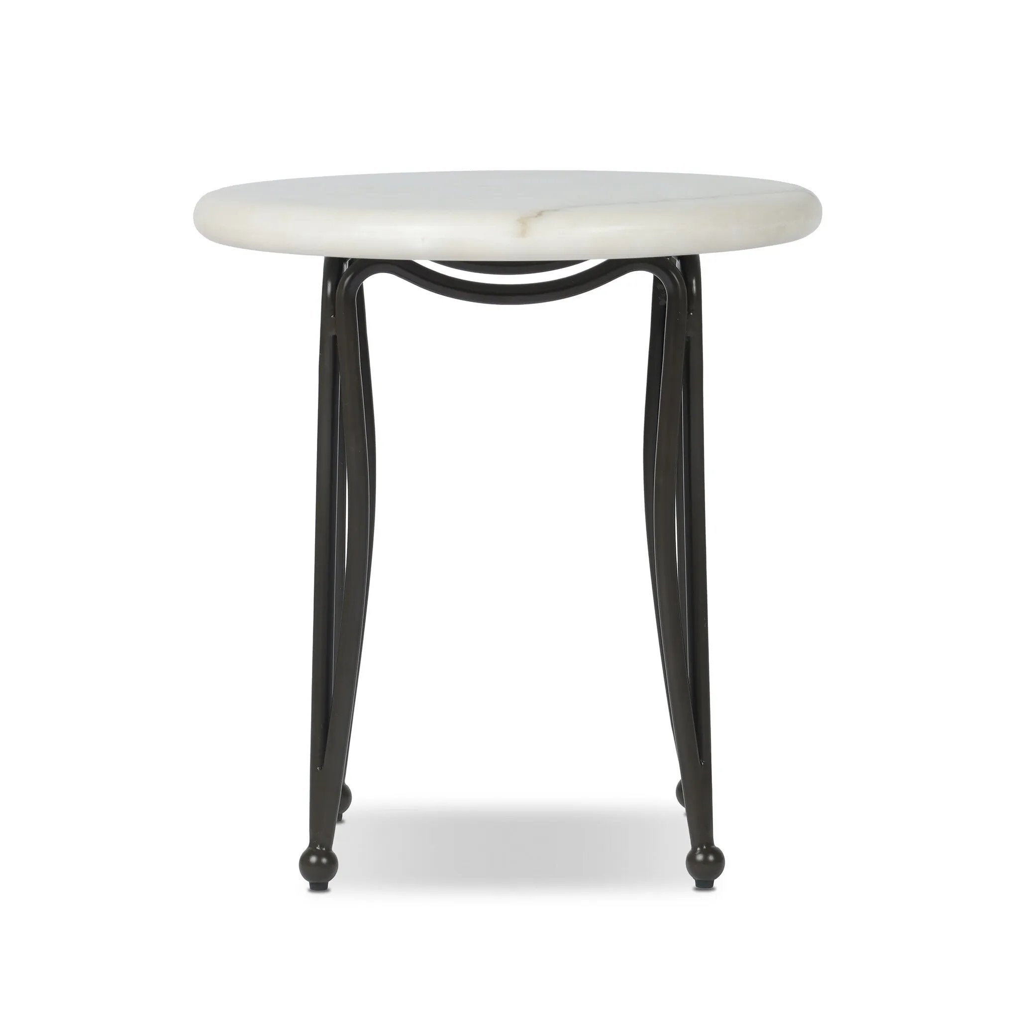 Inspired by Art Deco designs, this outdoor end table introduces a sense of movement to a classic silhouette. Graceful, flowing lines on the base pair with a white marble top for a classic black-and-white look. Cover or store inside during inclement weather and when not in use. Amethyst Home provides interior design, new home construction design consulting, vintage area rugs, and lighting in the Kansas City metro area.