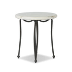 Inspired by Art Deco designs, this outdoor end table introduces a sense of movement to a classic silhouette. Graceful, flowing lines on the base pair with a white marble top for a classic black-and-white look. Cover or store inside during inclement weather and when not in use. Amethyst Home provides interior design, new home construction design consulting, vintage area rugs, and lighting in the Omaha metro area.