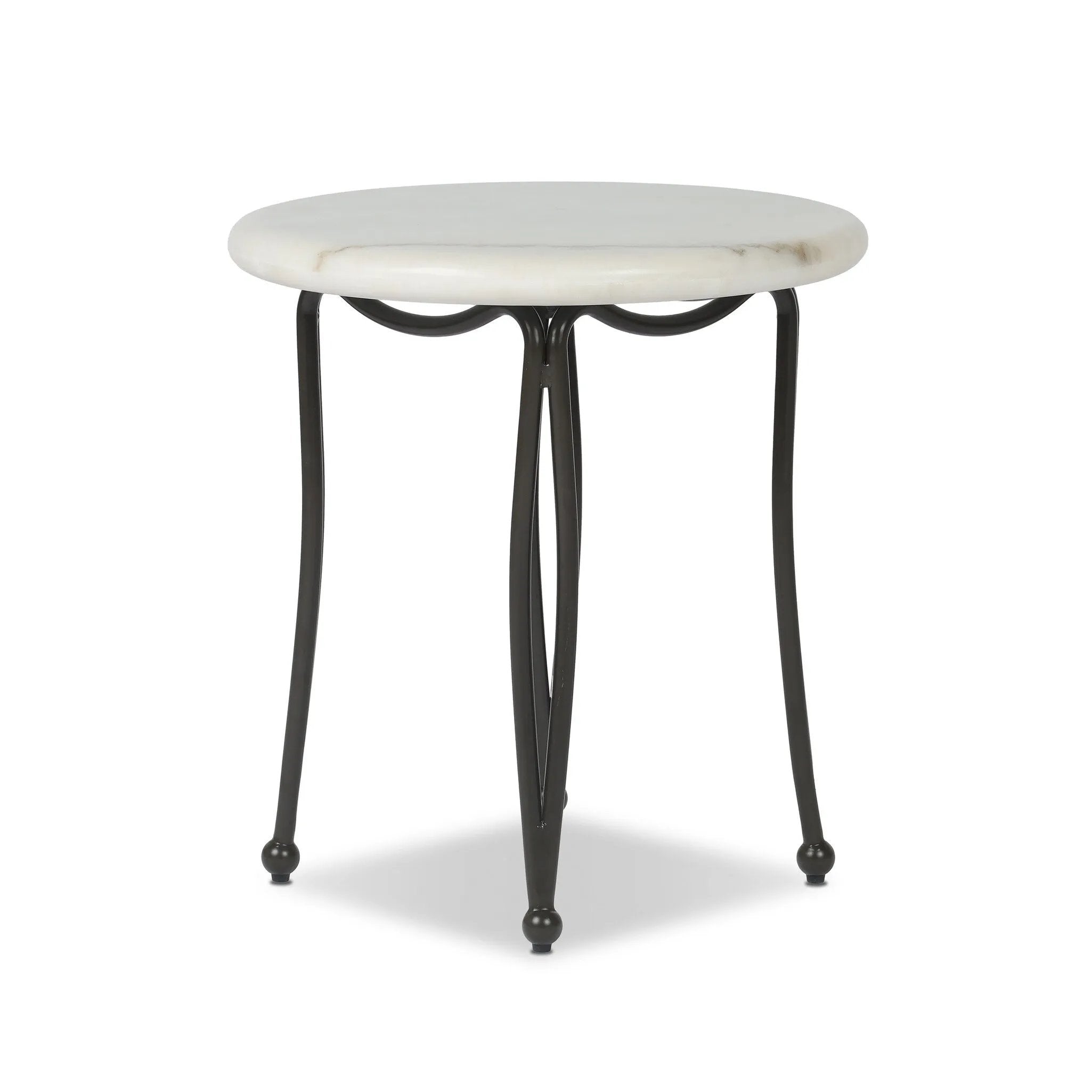 Inspired by Art Deco designs, this outdoor end table introduces a sense of movement to a classic silhouette. Graceful, flowing lines on the base pair with a white marble top for a classic black-and-white look. Cover or store inside during inclement weather and when not in use. Amethyst Home provides interior design, new home construction design consulting, vintage area rugs, and lighting in the Omaha metro area.