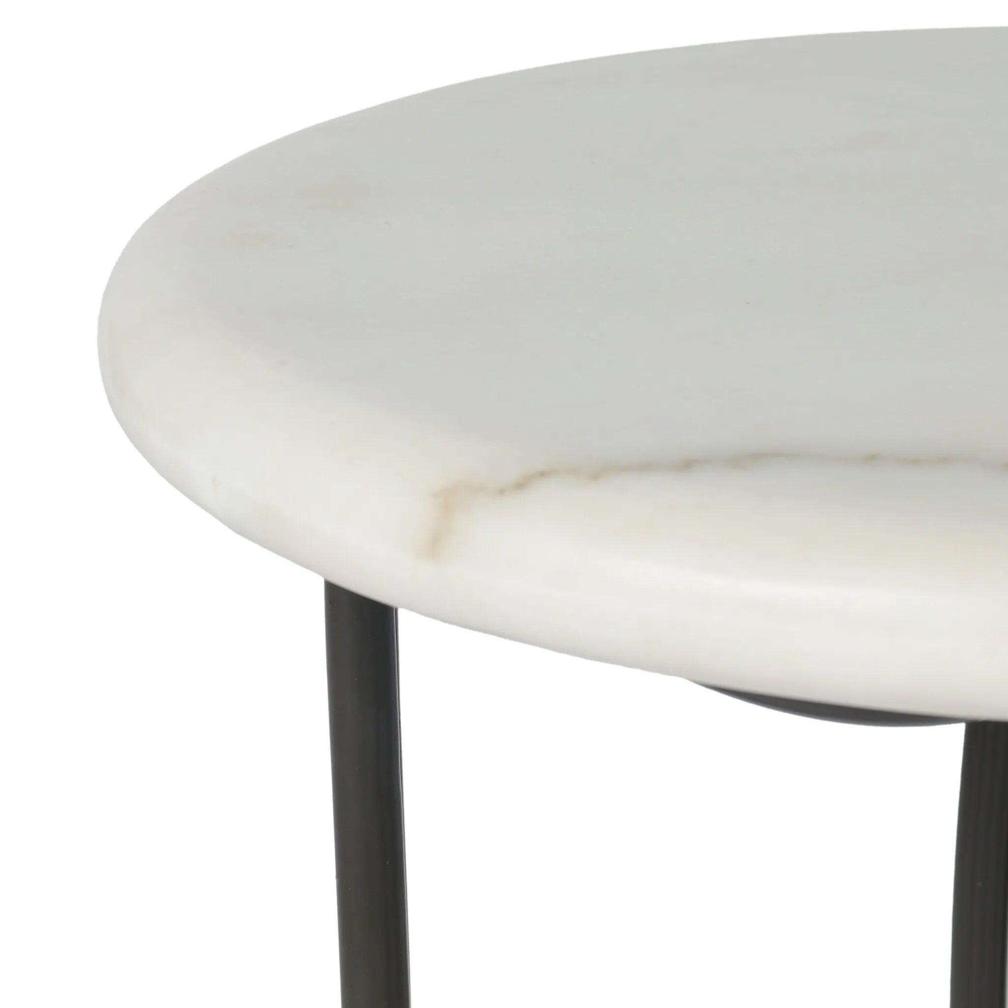Inspired by Art Deco designs, this outdoor end table introduces a sense of movement to a classic silhouette. Graceful, flowing lines on the base pair with a white marble top for a classic black-and-white look. Cover or store inside during inclement weather and when not in use. Amethyst Home provides interior design, new home construction design consulting, vintage area rugs, and lighting in the Park City metro area.