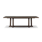 Subtly angled legs meet in a trestle-style stretcher base, pairing with a slatted top for a rustic-style outdoor dining table, also ideal for indoor spaces. Large chamfer details on the base and supports bring softness to FSC®-certified teak. Cover or store inside during inclement weather and when not in use Amethyst Home provides interior design, new home construction design consulting, vintage area rugs, and lighting in the Charlotte metro area.