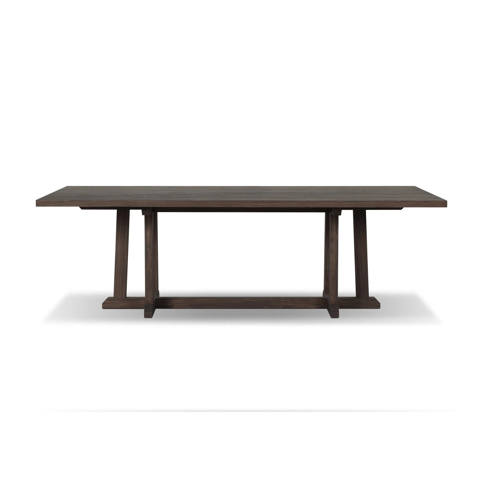 Subtly angled legs meet in a trestle-style stretcher base, pairing with a slatted top for a rustic-style outdoor dining table, also ideal for indoor spaces. Large chamfer details on the base and supports bring softness to FSC®-certified teak. Cover or store inside during inclement weather and when not in use Amethyst Home provides interior design, new home construction design consulting, vintage area rugs, and lighting in the Los Angeles metro area.