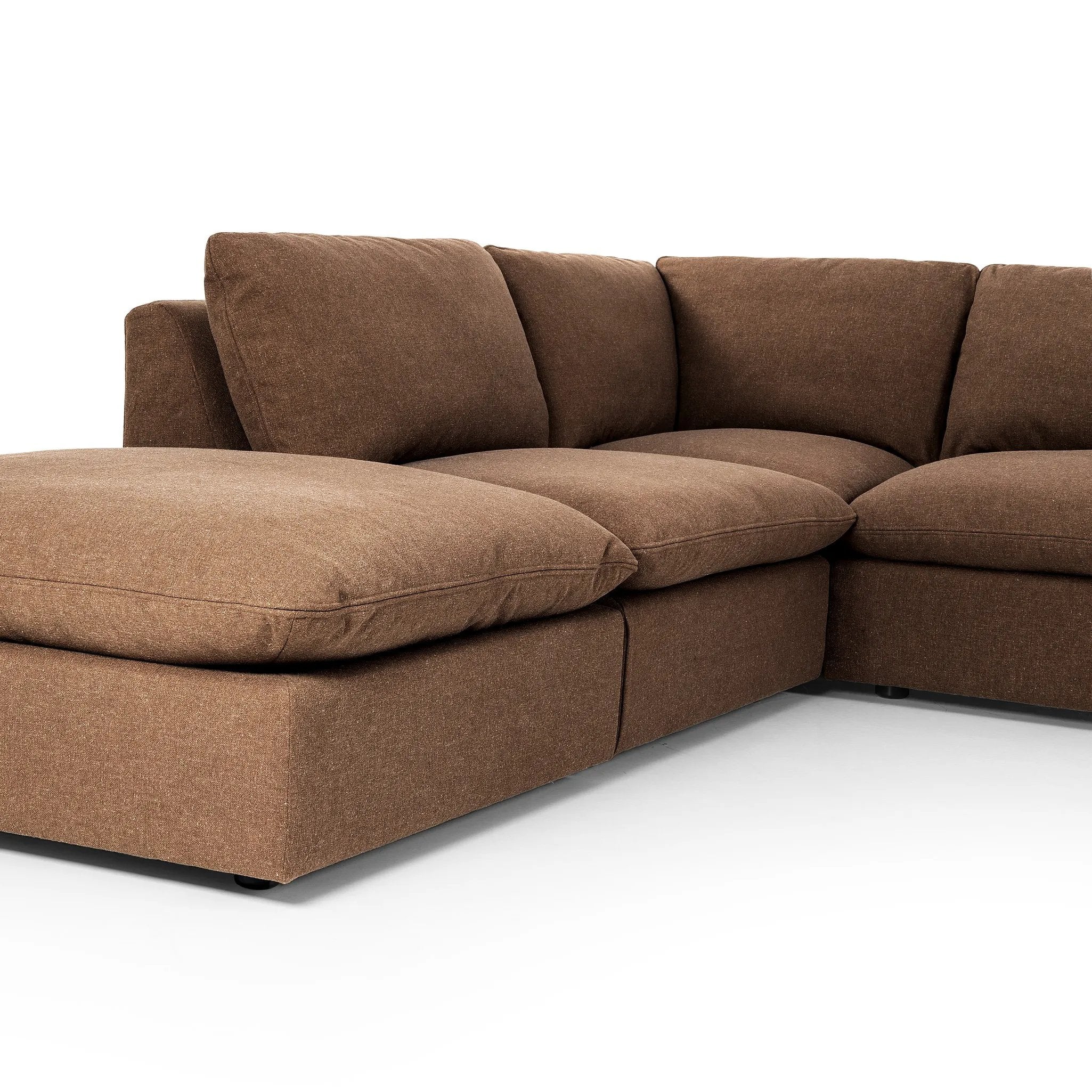 Featuring Ingel Antwerp Cafe 4-Piece Sectional W/ Ottoman by Four Hands at Amethyst Home. Inflated, pillow-inspired cushioning all around brings cozy comfort to the room. High-performance linen offers the best of both worlds on this plush and welcoming sectional.  Inflated arms, feather-fiber blend cushioning, a soft, durable linen fabric and the coordinati. Amethyst Home provides interior design, new home construction design consulting, vintage area rugs, and lighting in the Calabasas metro area.