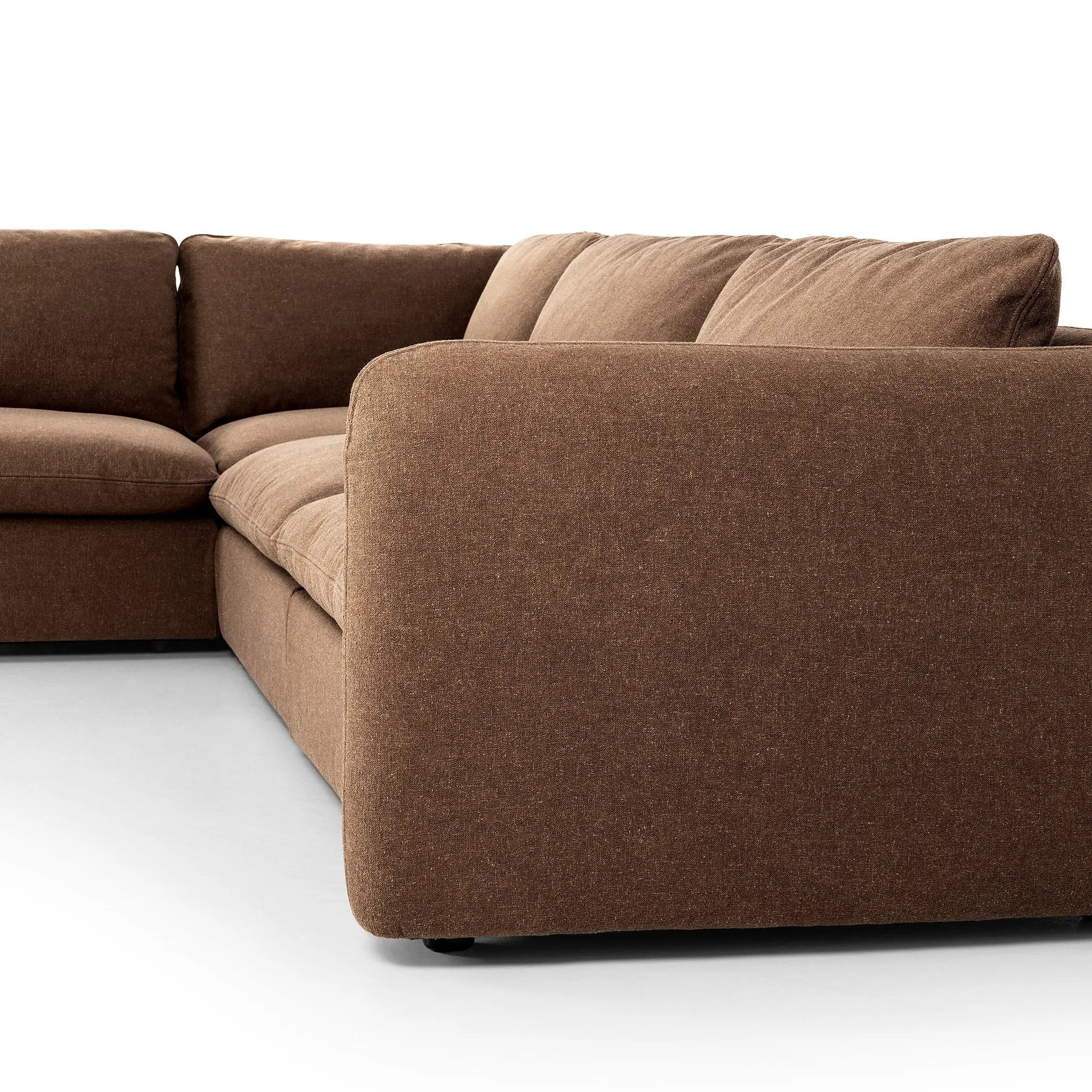 Featuring Ingel Antwerp Cafe 4-Piece Sectional W/ Ottoman by Four Hands at Amethyst Home. Inflated, pillow-inspired cushioning all around brings cozy comfort to the room. High-performance linen offers the best of both worlds on this plush and welcoming sectional.  Inflated arms, feather-fiber blend cushioning, a soft, durable linen fabric and the coordinati. Amethyst Home provides interior design, new home construction design consulting, vintage area rugs, and lighting in the Charlotte metro area.