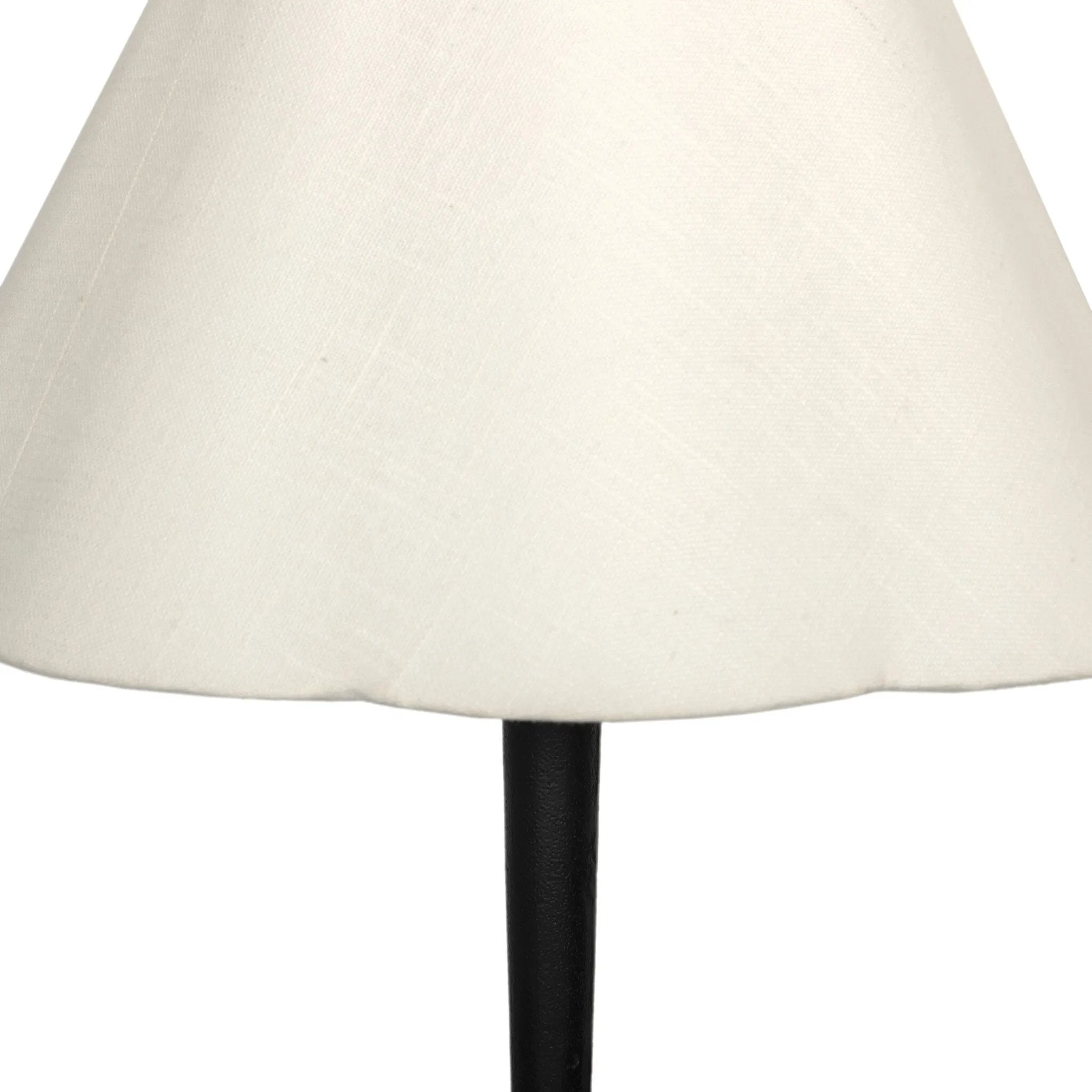 Slim in style, crisp with contrast. A black wrought iron base supports a cream-colored linen shade with scallop detailing Amethyst Home provides interior design, new home construction design consulting, vintage area rugs, and lighting in the Boston metro area.