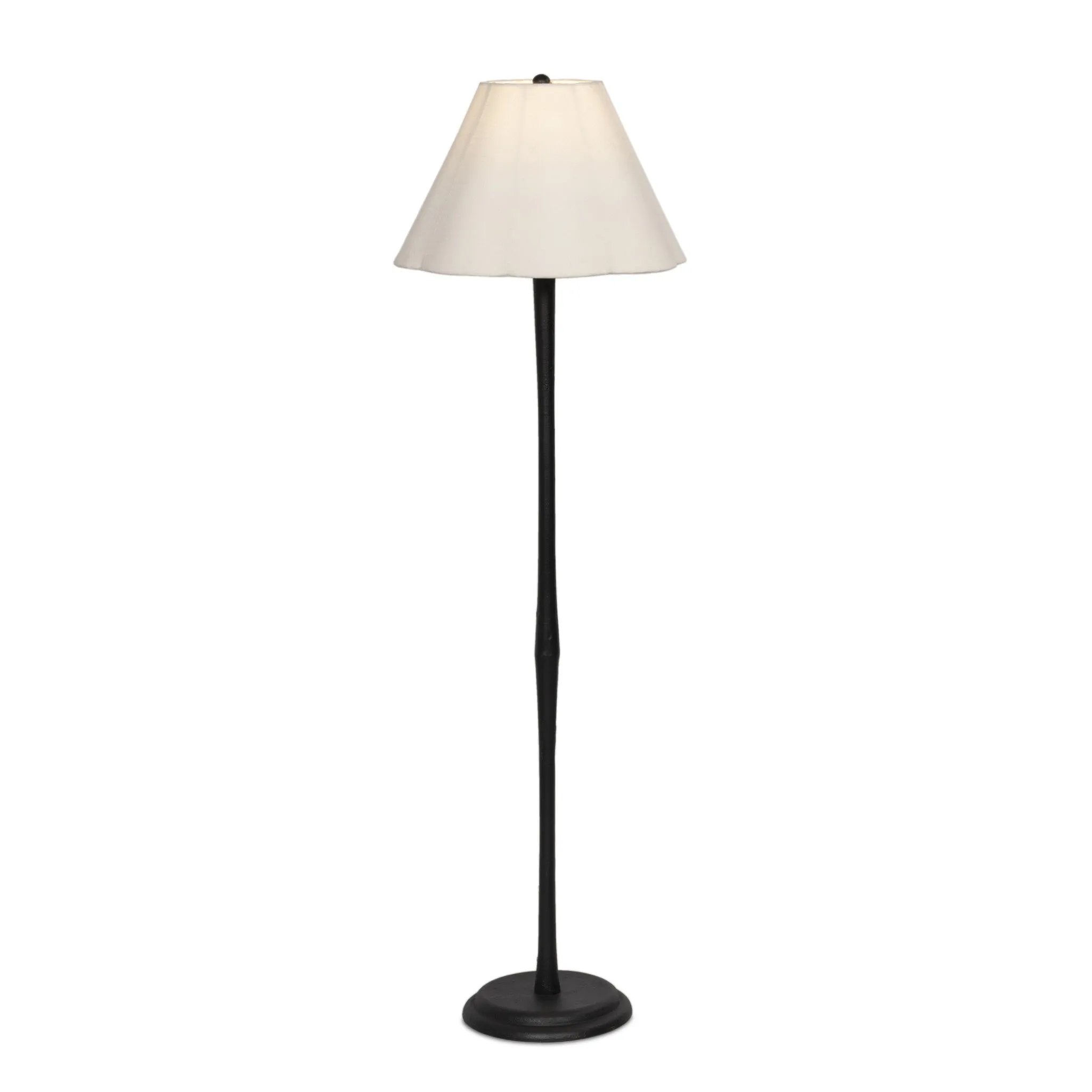 Slim in style, crisp with contrast. A black wrought iron base supports a cream-colored linen shade with scallop detailing Amethyst Home provides interior design, new home construction design consulting, vintage area rugs, and lighting in the Charlotte metro area.
